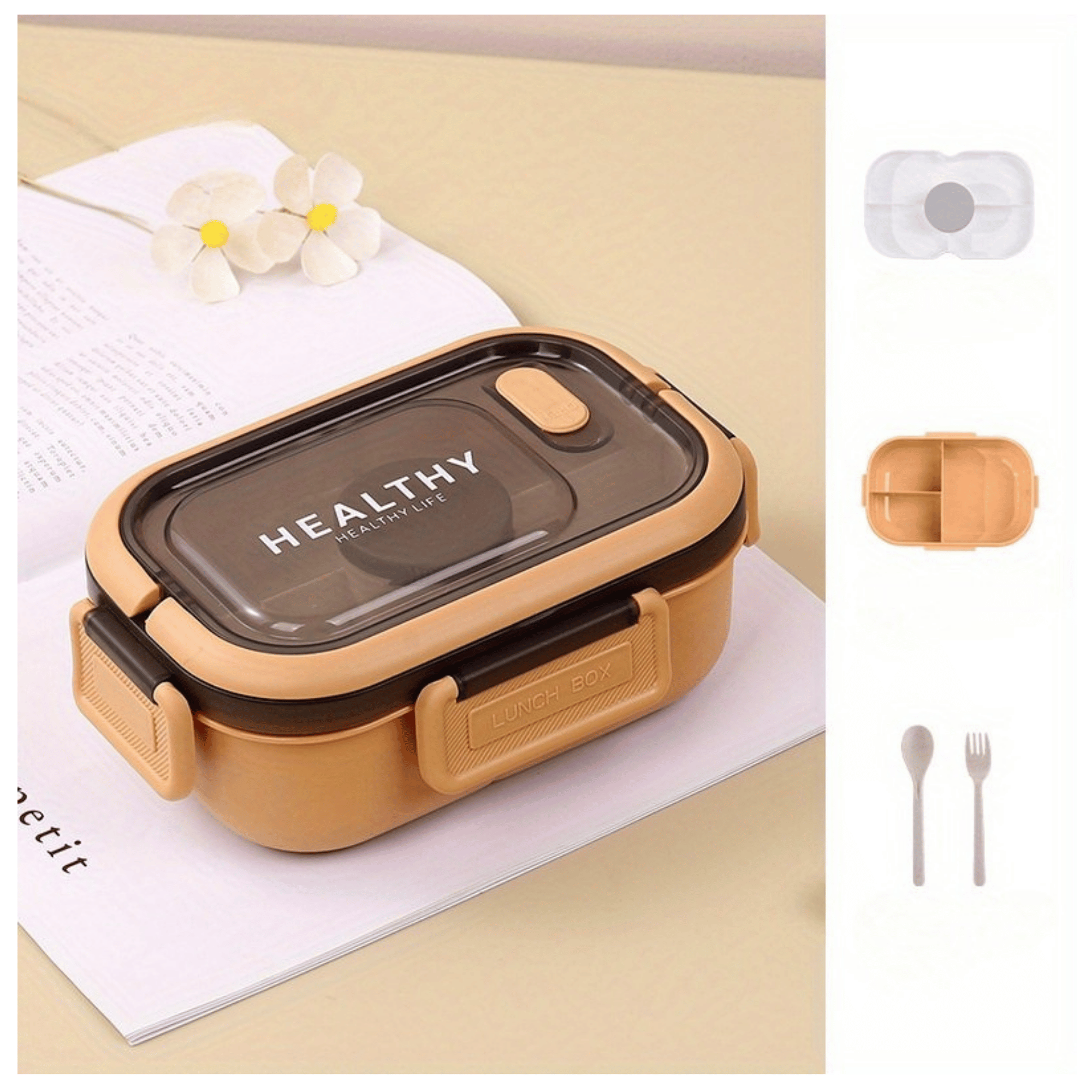 FIAMBRERA CONTENEDOR 1200 ML BENTO BOX TÁPER HERMÉTICO + SALSERA PLÁSTICO BEIGE - 1