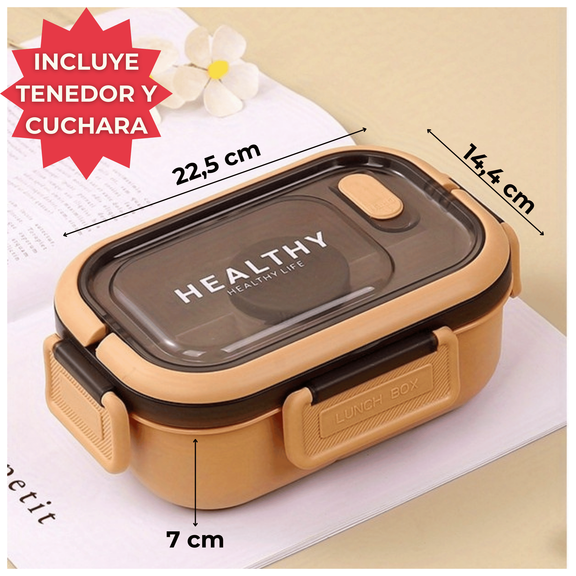 FIAMBRERA CONTENEDOR 1200 ML BENTO BOX TÁPER HERMÉTICO + SALSERA PLÁSTICO BEIGE - 2