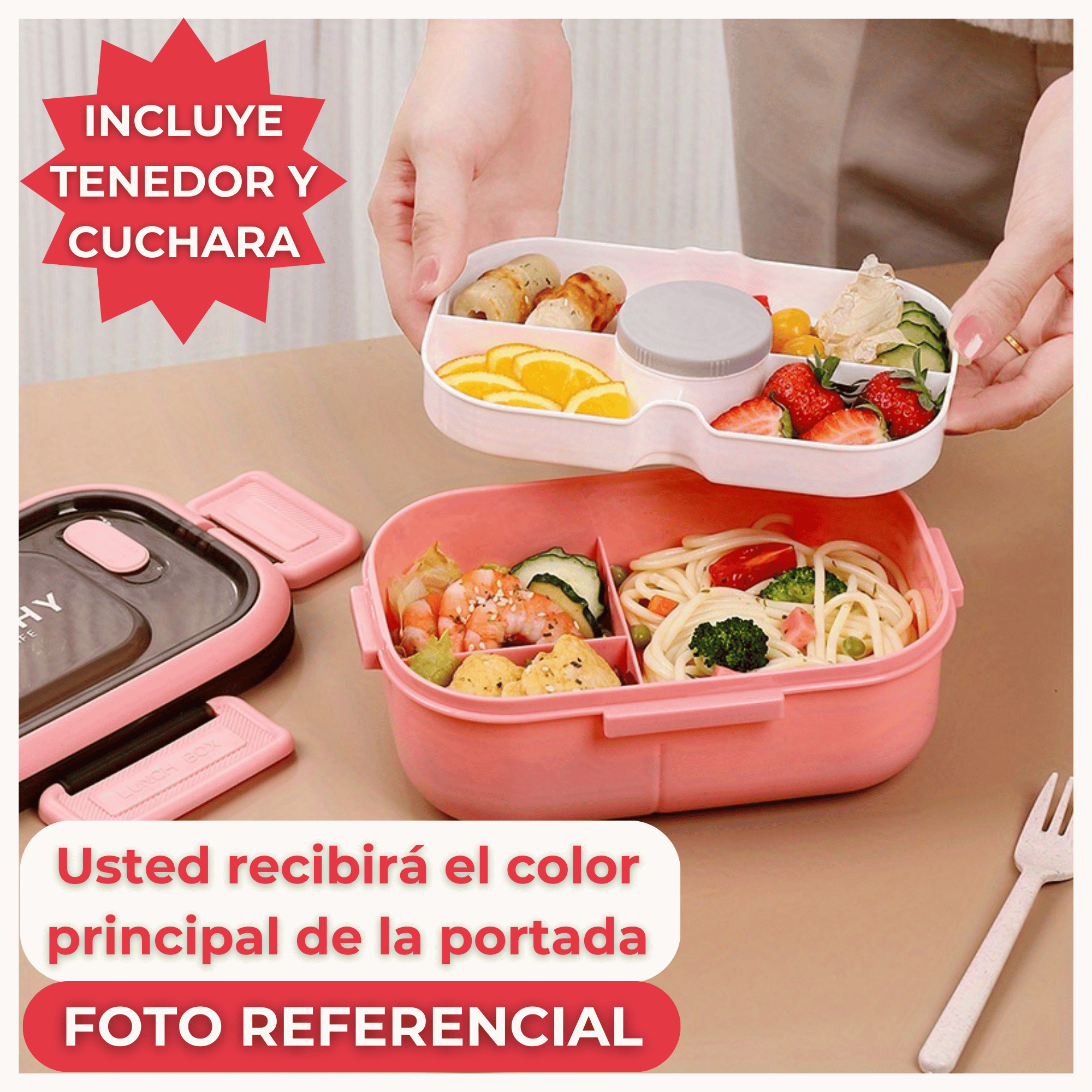 FIAMBRERA CONTENEDOR 1200 ML BENTO BOX TÁPER HERMÉTICO + SALSERA PLÁSTICO BEIGE - 5