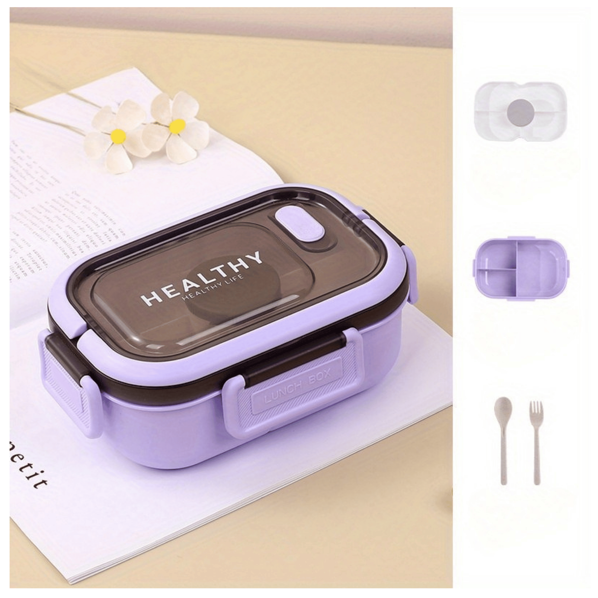 FIAMBRERA CONTENEDOR 1200 ML BENTO BOX TÁPER HERMÉTICO + SALSERA PLÁSTICO PURPLE - 1