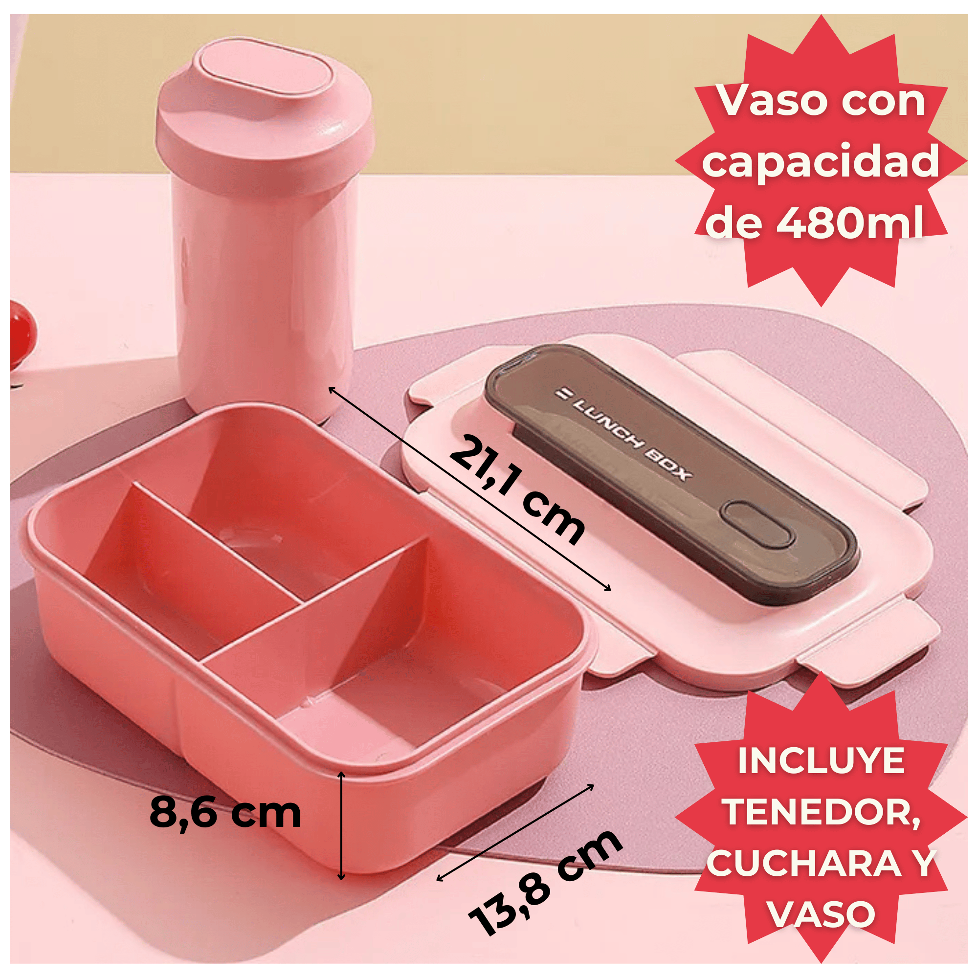FIAMBRERA CONTENEDOR 1200 ML LUNCH BOX TÁPER HERMÉTICO + VASO PLÁSTICO PINK - 2