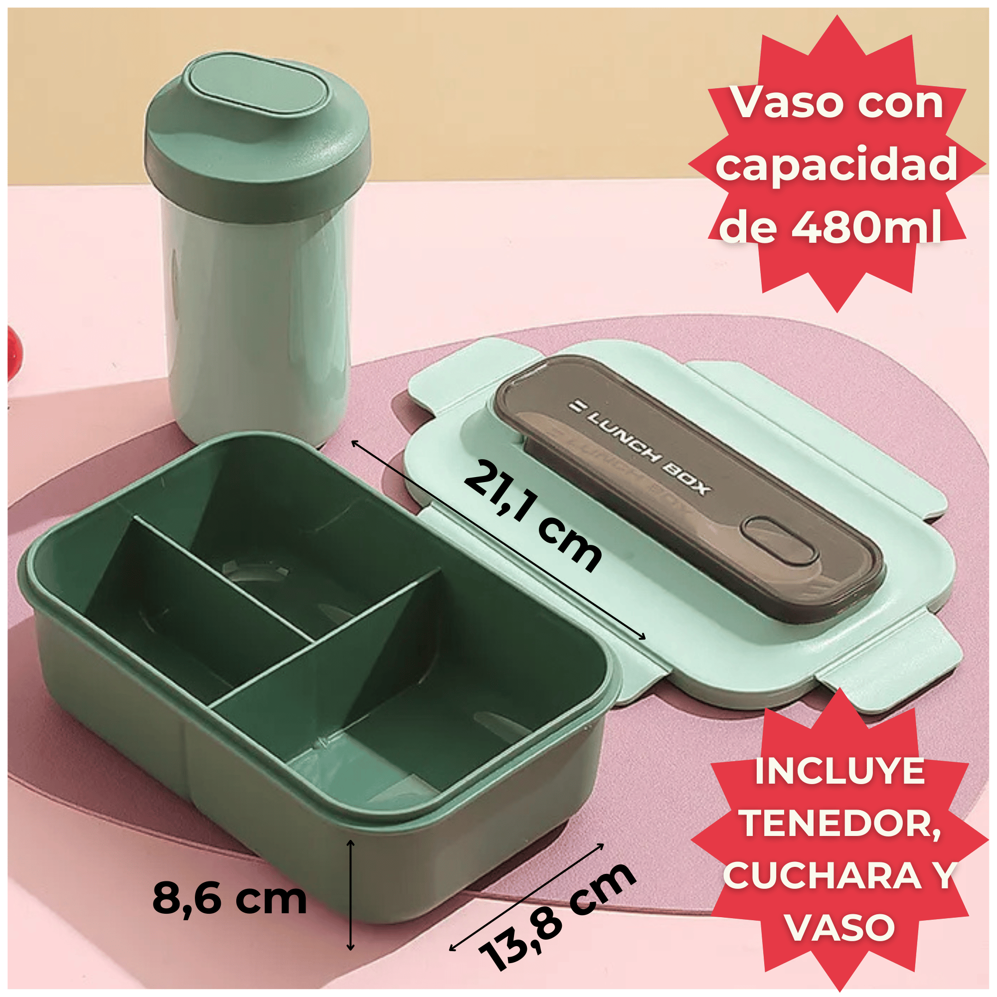 FIAMBRERA CONTENEDOR 1200 ML LUNCH BOX TÁPER HERMÉTICO + VASO PLÁSTICO GREEN - 2