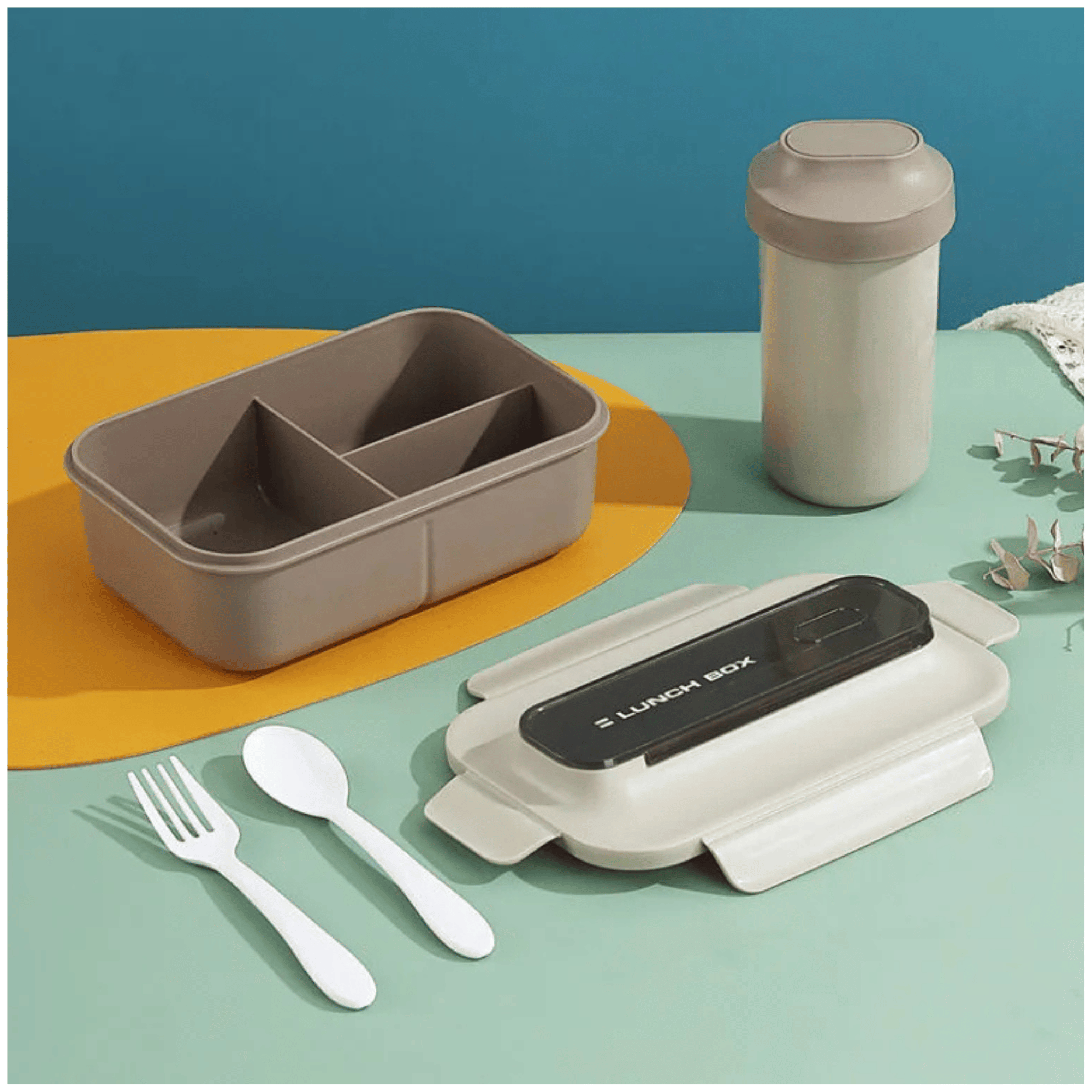 FIAMBRERA CONTENEDOR 1200 ML LUNCH BOX TÁPER HERMÉTICO + VASO PLÁSTICO BEIGE - 1