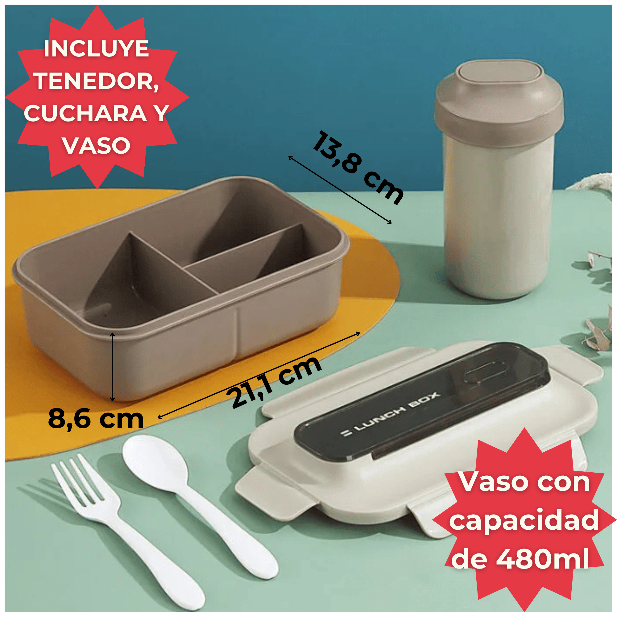 FIAMBRERA CONTENEDOR 1200 ML LUNCH BOX TÁPER HERMÉTICO + VASO PLÁSTICO BEIGE - 2