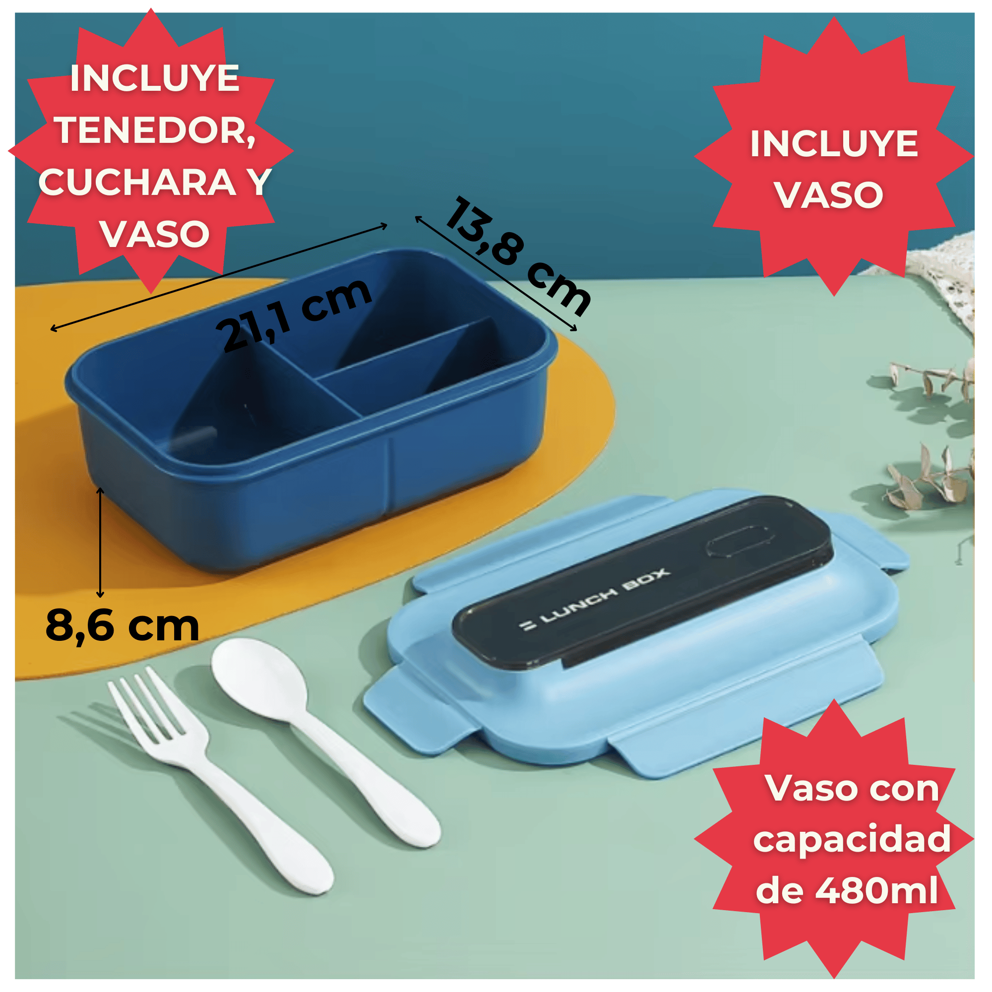 FIAMBRERA CONTENEDOR 1200 ML LUNCH BOX TÁPER HERMÉTICO + VASO PLÁSTICO BLUE - 2