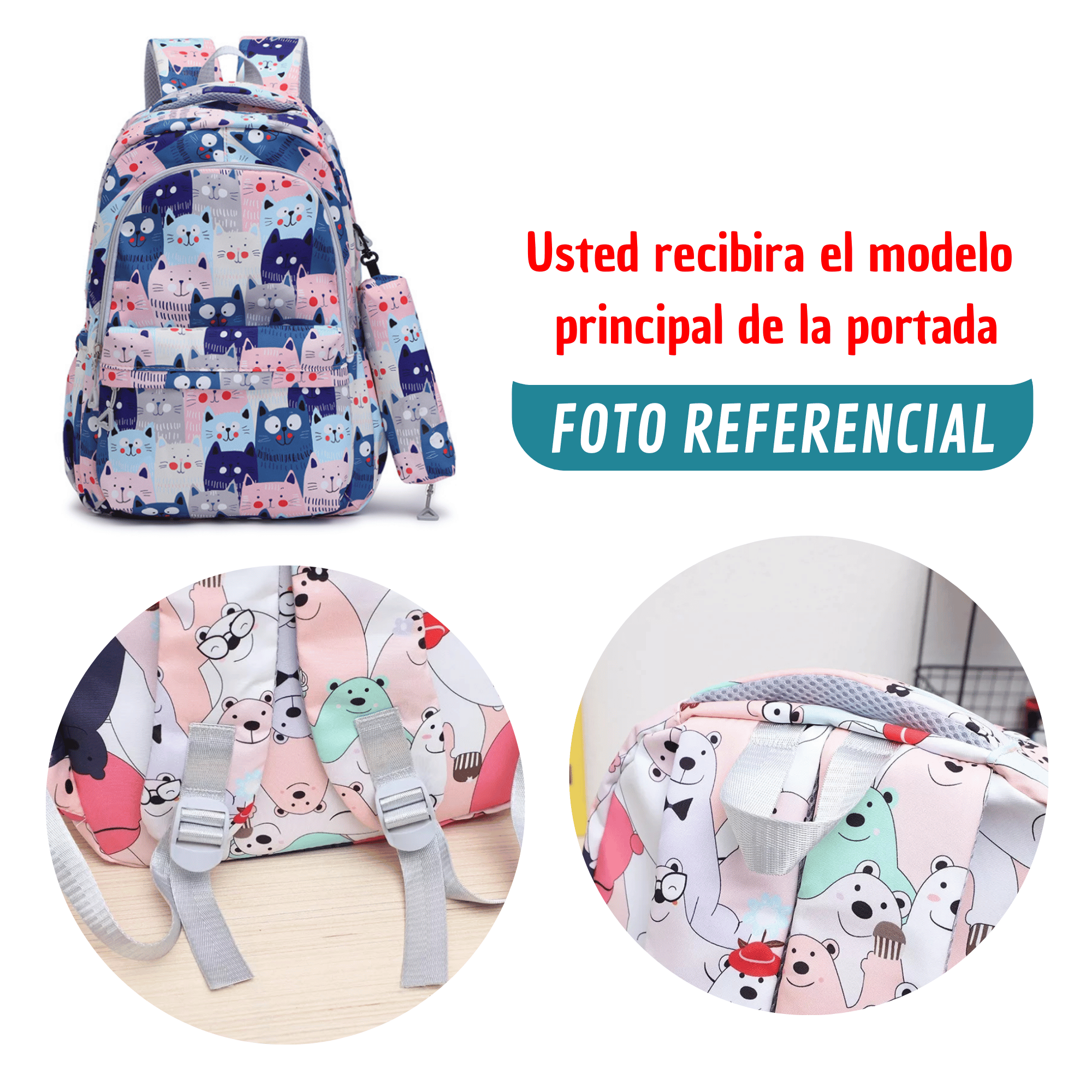 MOCHILA ESCOLAR 44CM DISEÑO ESTAMPADO CATS AND BEARS BLUE CATS - 4