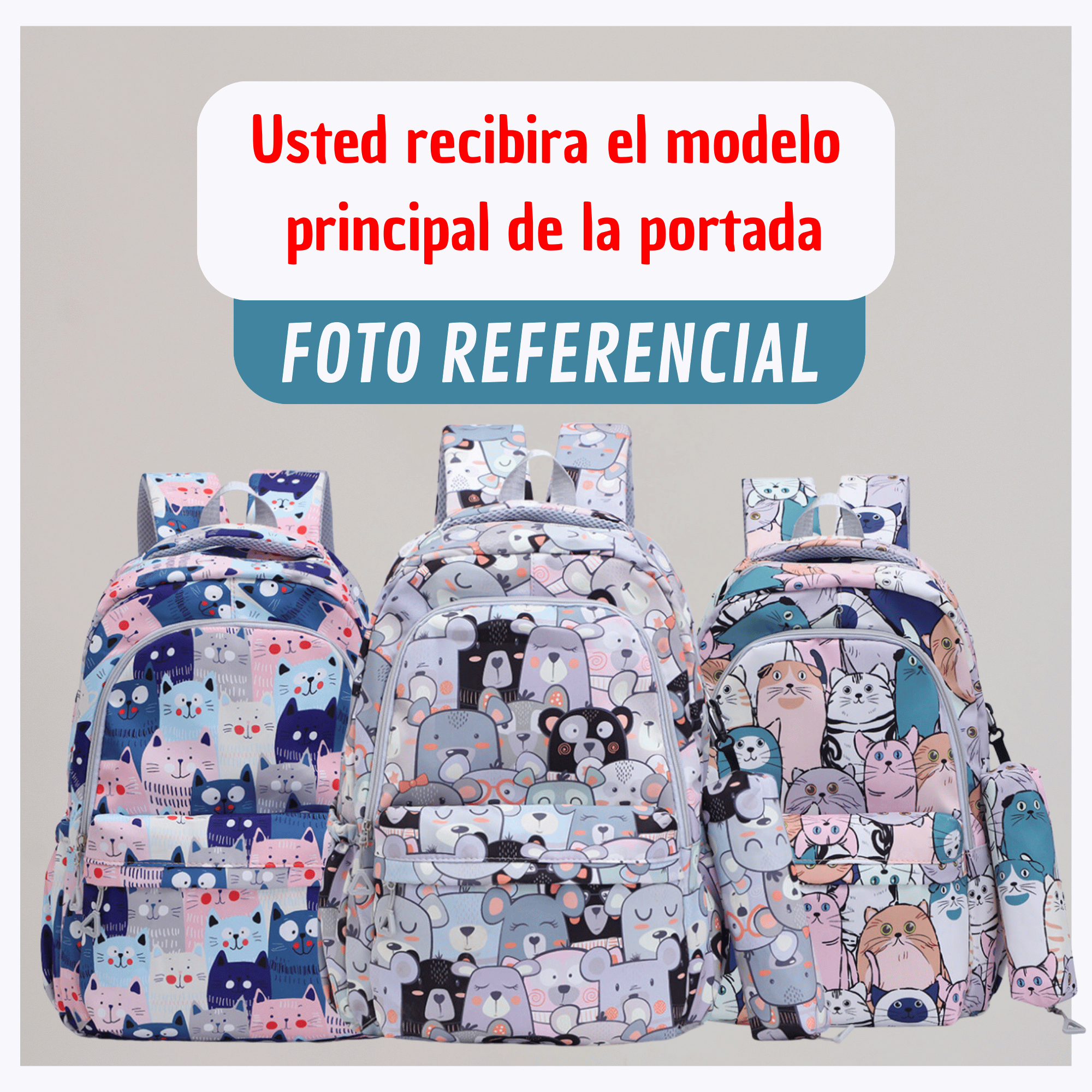 MOCHILA ESCOLAR 44CM DISEÑO ESTAMPADO CATS AND BEARS LIGHT GRAY BEARS - 3