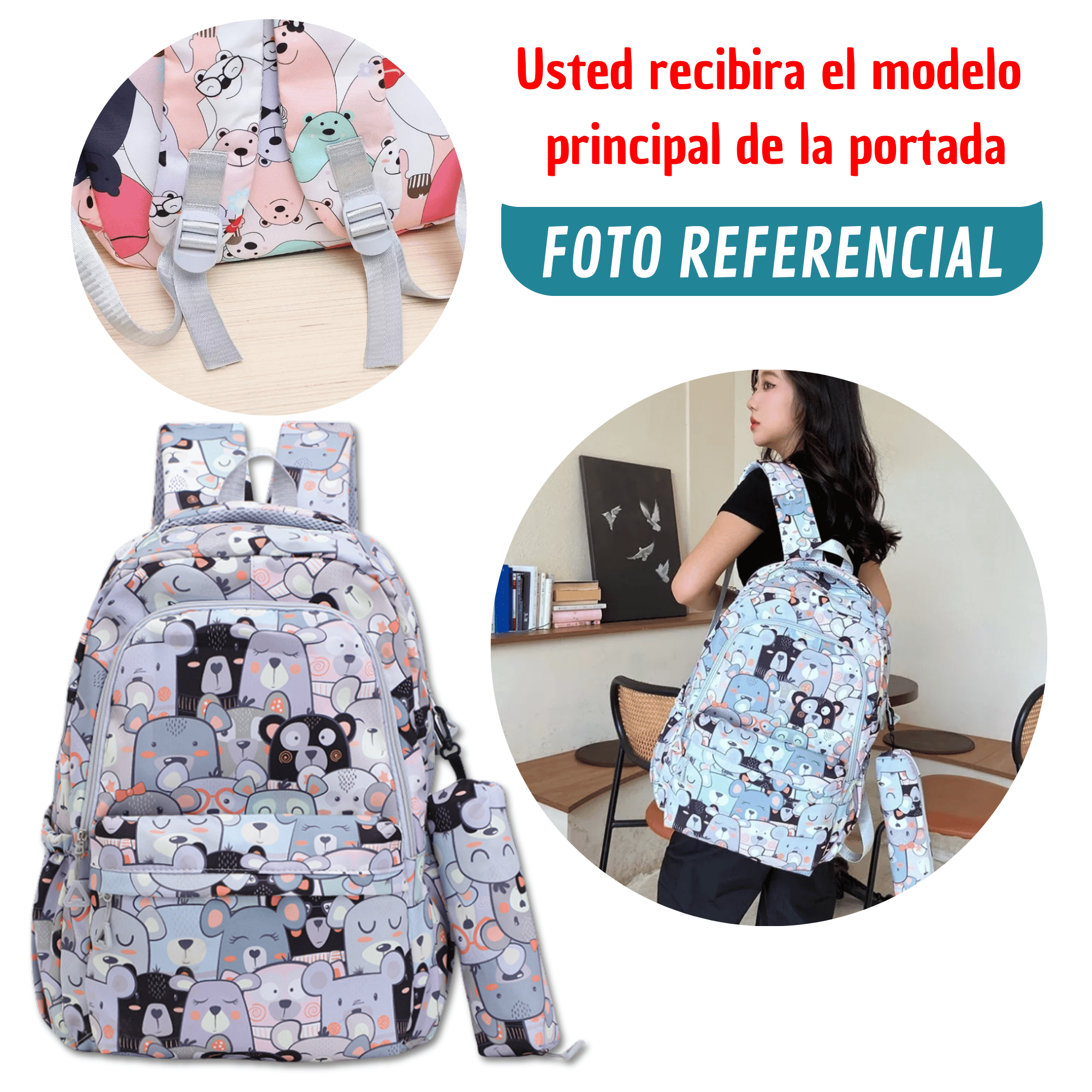 MOCHILA ESCOLAR 44CM DISEÑO ESTAMPADO CATS AND BEARS LIGHT GRAY BEARS - 4