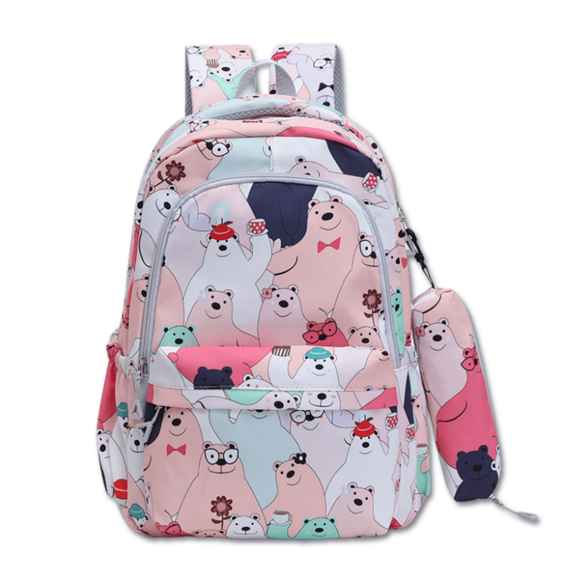 MOCHILA ESCOLAR 44CM DISEÑO ESTAMPADO CATS AND BEARS CORAL PINK BEARS - 1