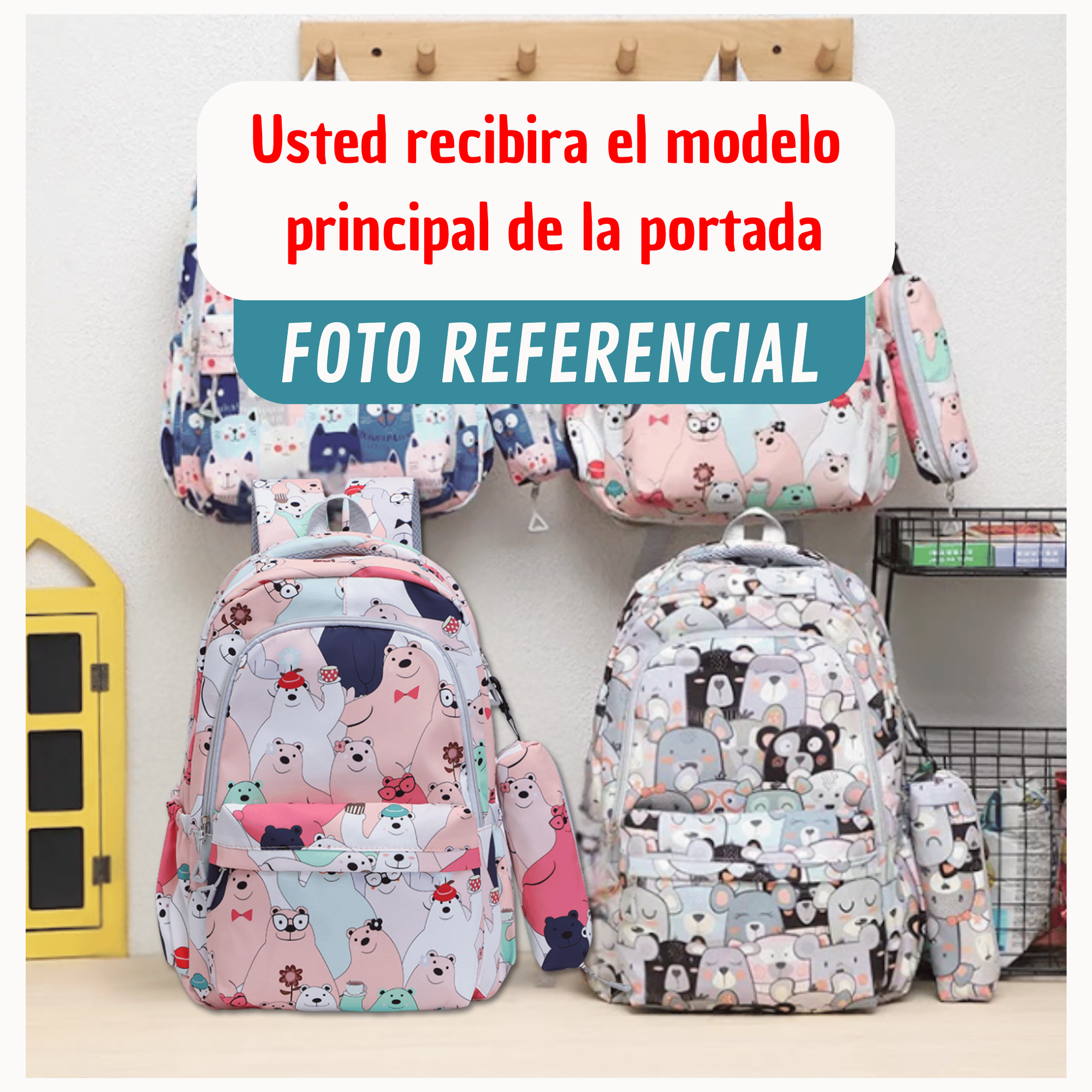 MOCHILA ESCOLAR 44CM DISEÑO ESTAMPADO CATS AND BEARS CORAL PINK BEARS - 3