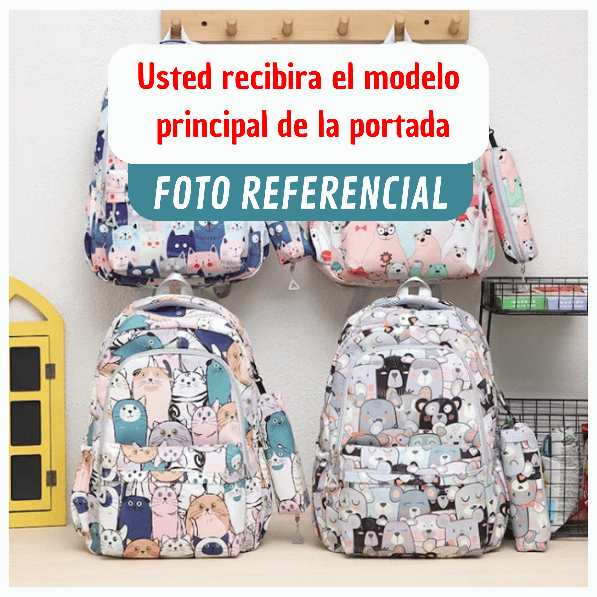 MOCHILA ESCOLAR 44CM DISEÑO ESTAMPADO CATS AND BEARS PINK BLUE CATS - 4