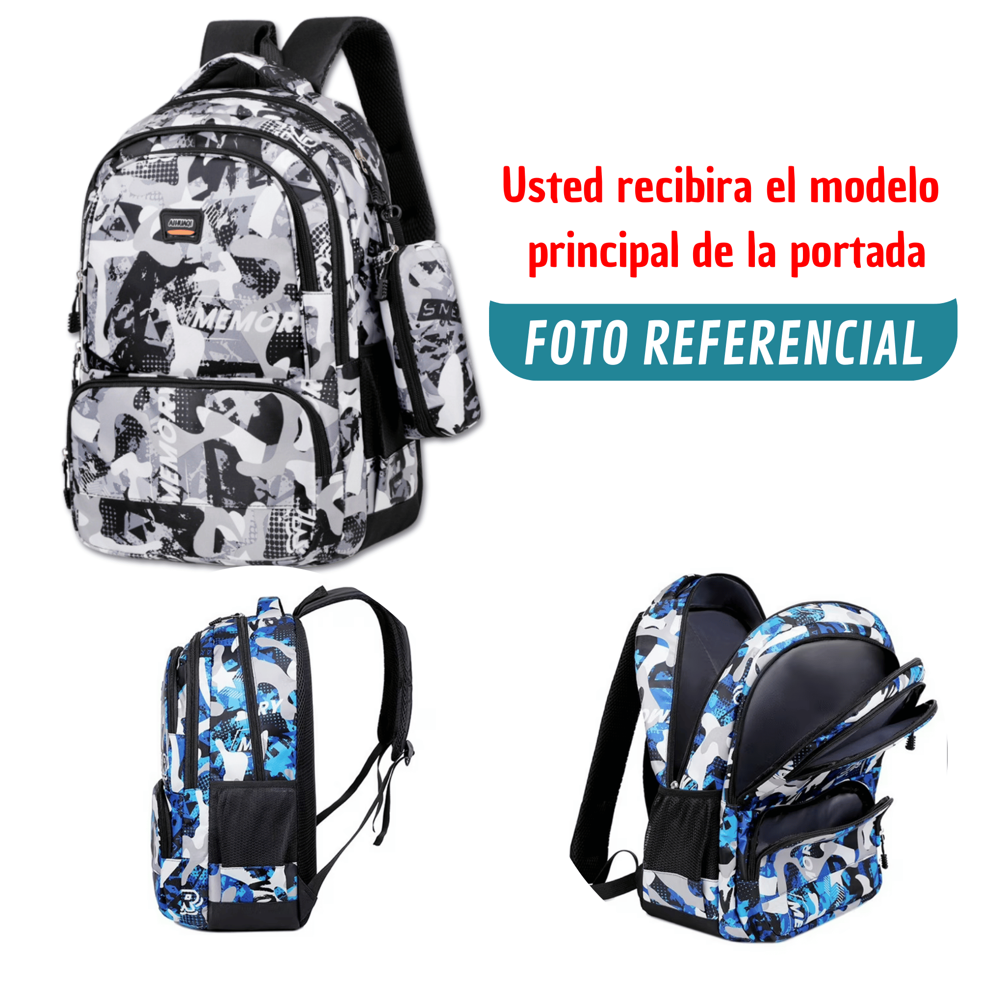 MOCHILA ESCOLAR JUVENIL Y UNIVERSITARIO 45CM DISEÑO ESTAMPADO CAMUFLAJE UNISEX GRAY - 4