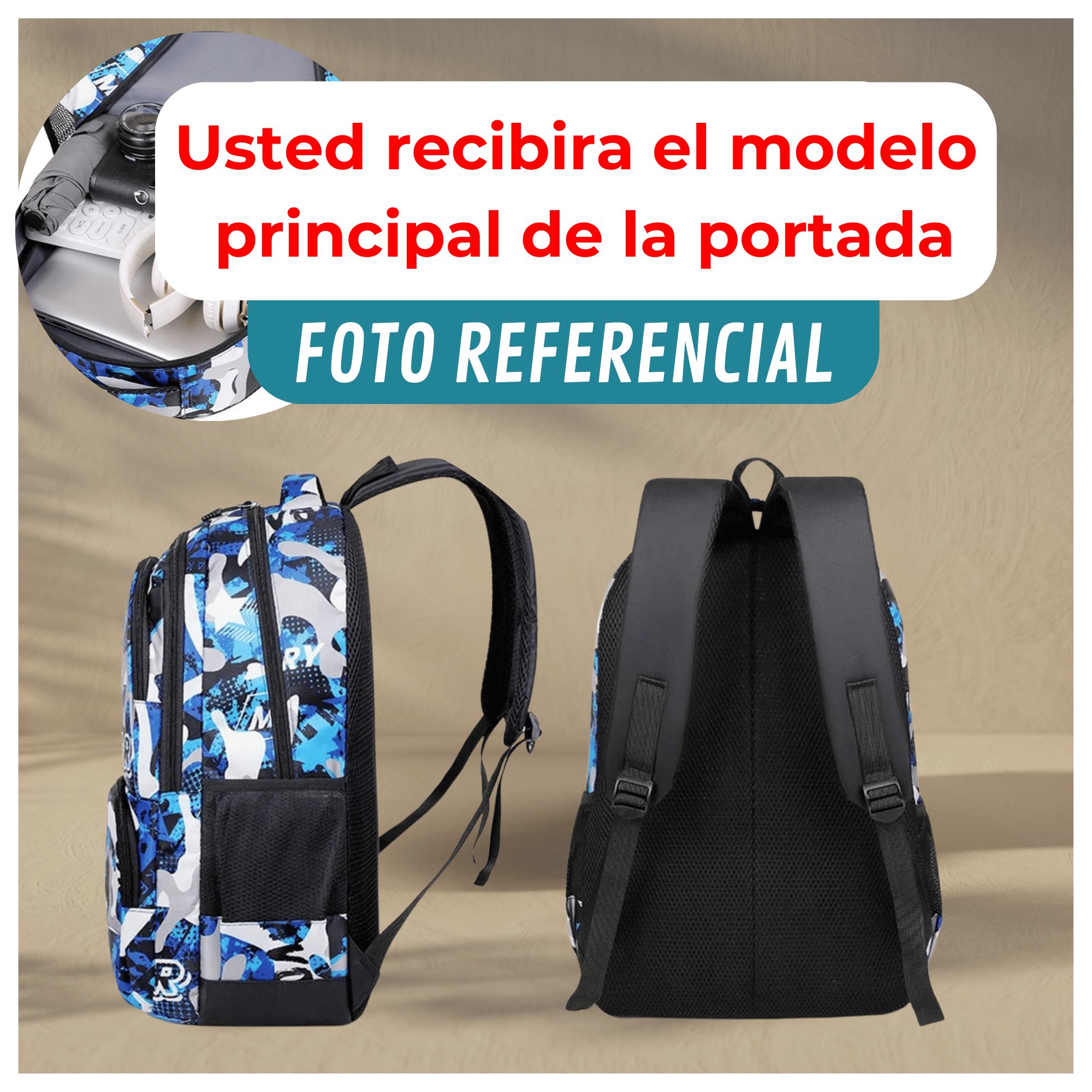 MOCHILA ESCOLAR JUVENIL Y UNIVERSITARIO 45CM DISEÑO ESTAMPADO CAMUFLAJE UNISEX GREEN - 3
