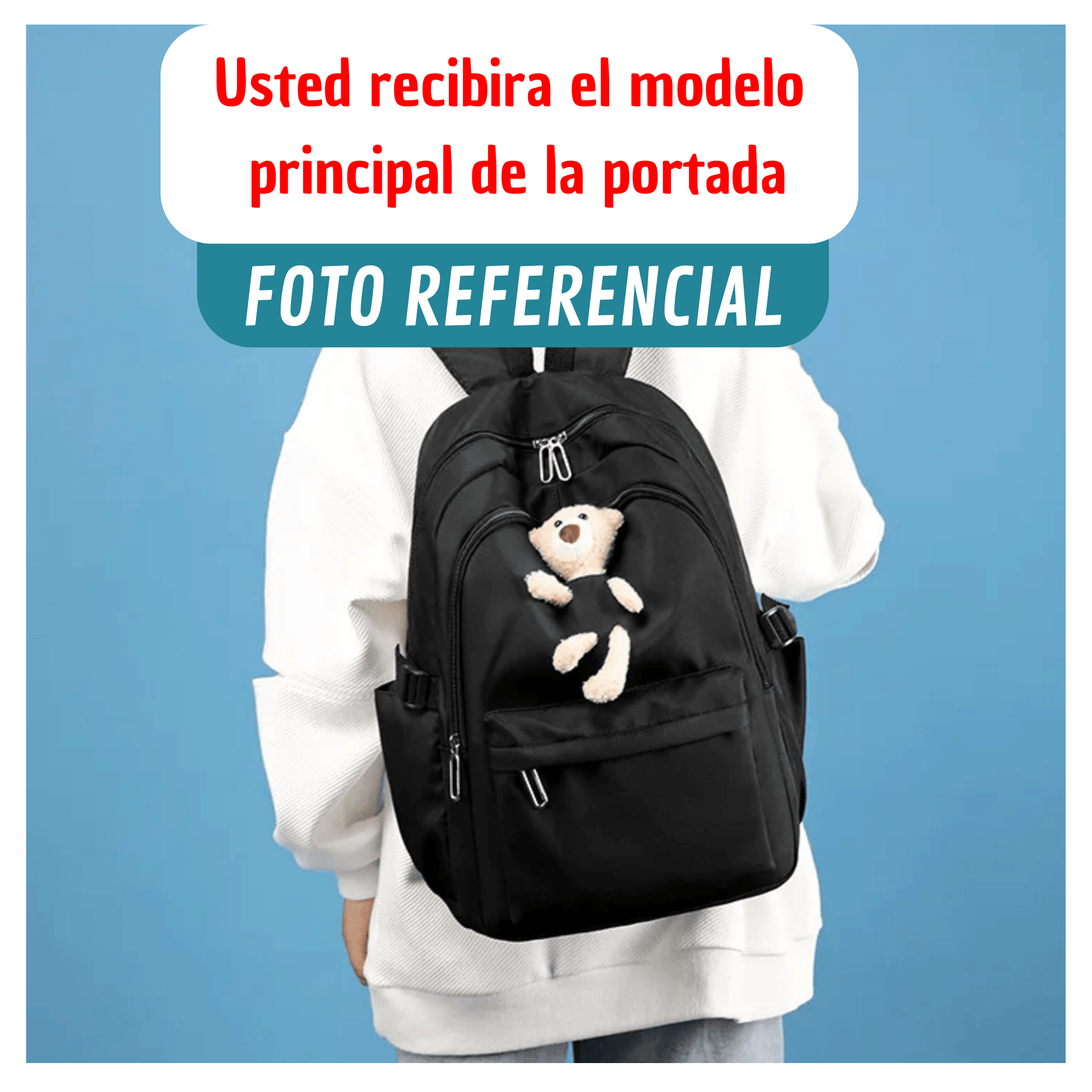 MOCHILA ESCOLAR JUVENIL 46CM NIÑAS ESTILO KAWAII CUTE TEDDY BEAR BLACK - 4