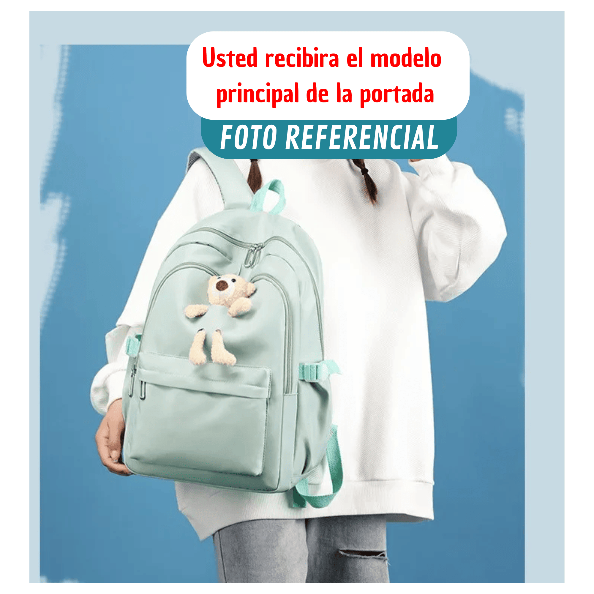 MOCHILA ESCOLAR JUVENIL 46CM NIÑAS ESTILO KAWAII CUTE TEDDY BEAR LIGHT GREEN - 4