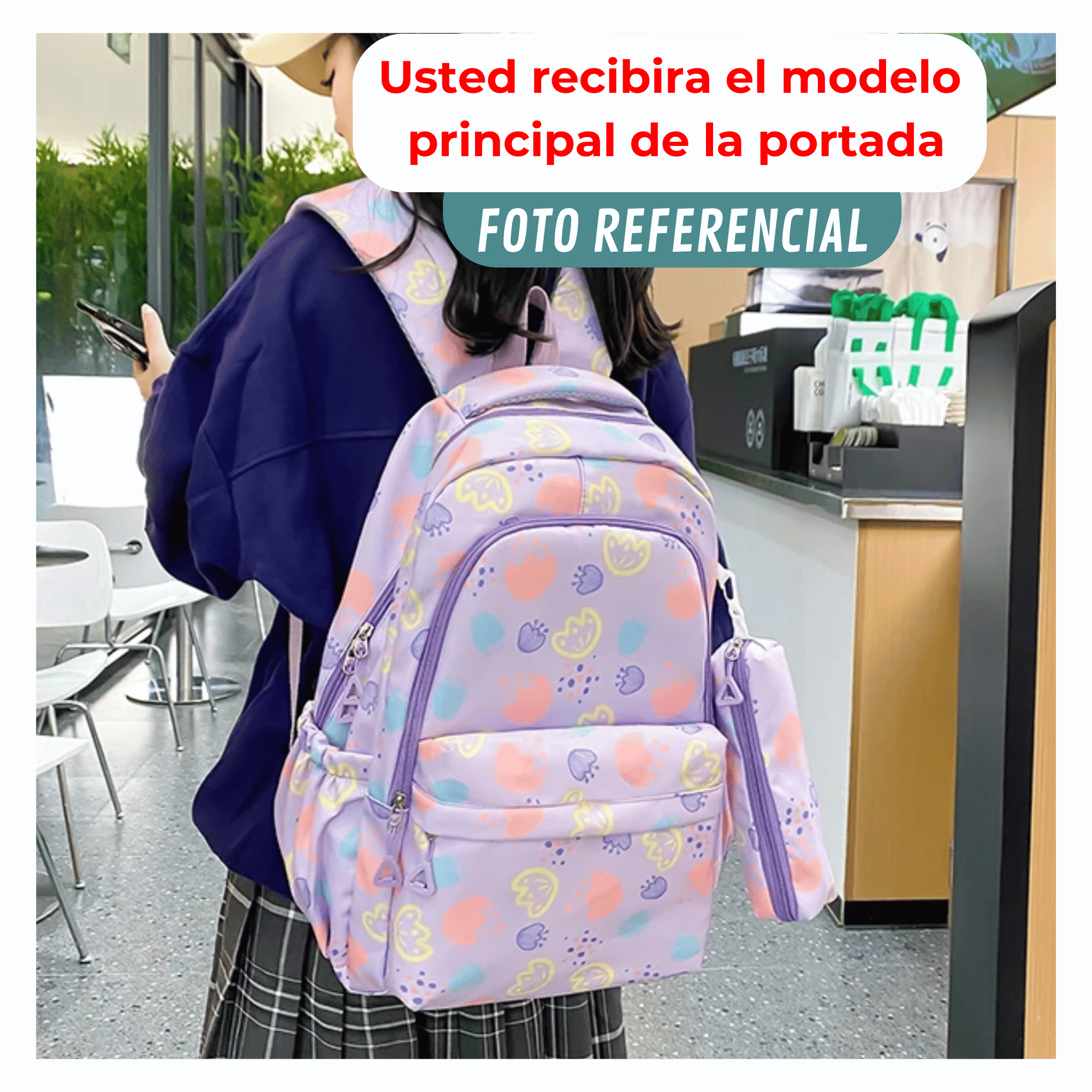 MOCHILA ESCOLAR 46CM DISEÑO FLORAL PRINT PURPLE - 4