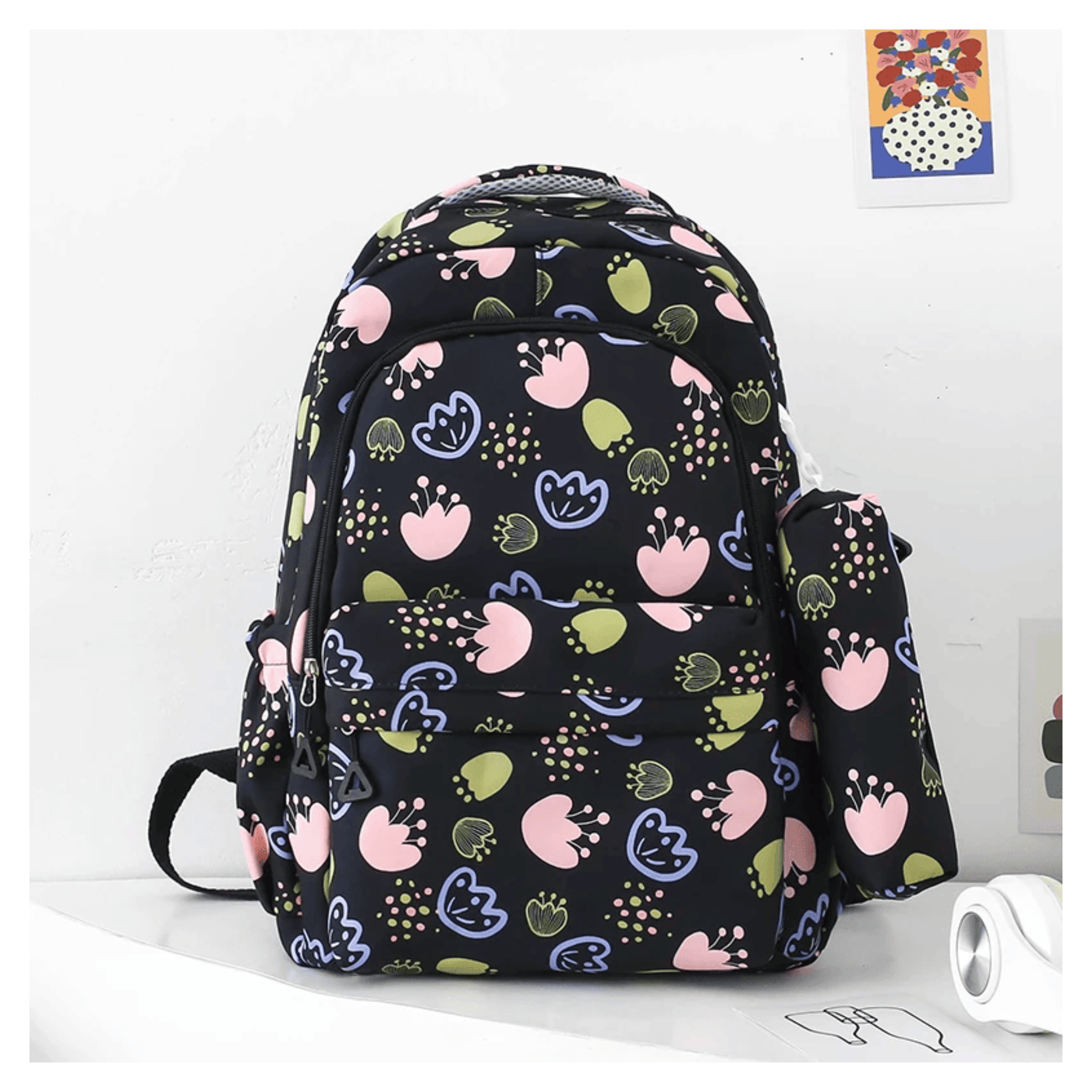 MOCHILA ESCOLAR 46CM DISEÑO FLORAL PRINT BLACK - 3