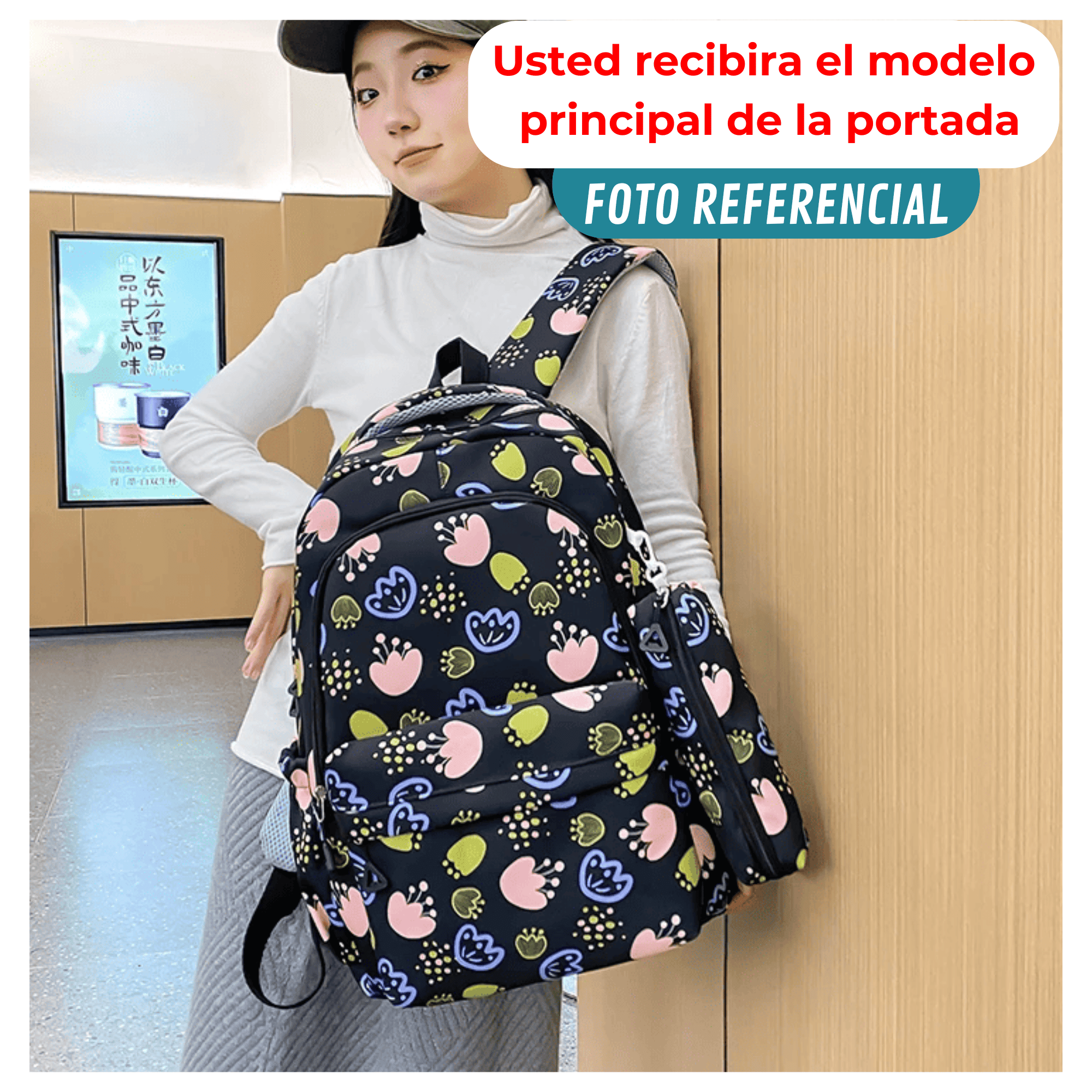 MOCHILA ESCOLAR 46CM DISEÑO FLORAL PRINT BLACK - 4