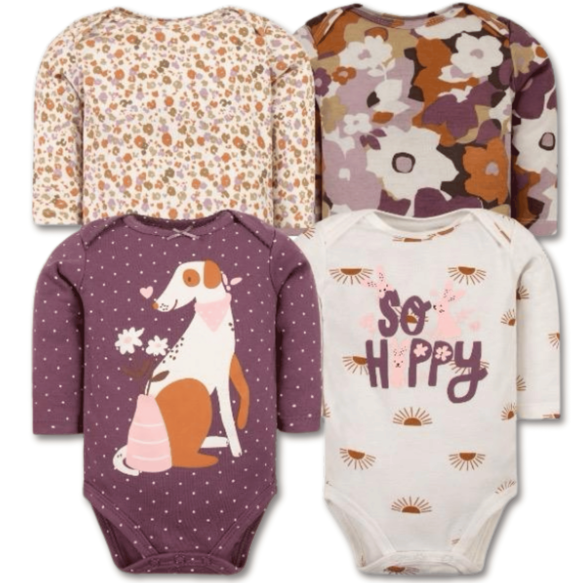 PACK 4 BODYS BEBÉ NIÑA MANGA LARGA TEDMIMAK ALGODÓN DOG CANELA - 1