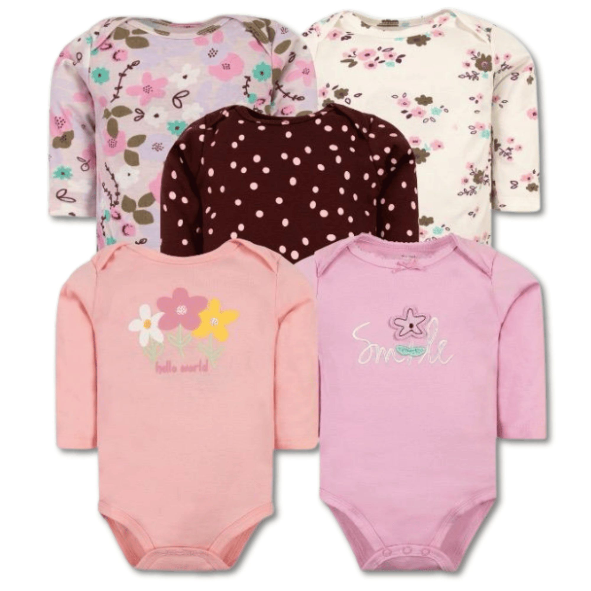 PACK 5 BODYS BEBÉ NIÑA MANGA LARGA TEDMIMAK ALGODÓN PETALS & FLOWERS - 1