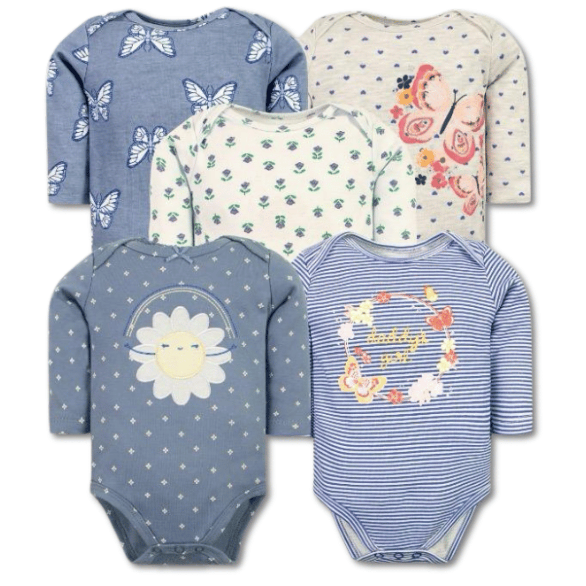 PACK 5 BODYS BEBÉ NIÑA MANGA LARGA TEDMIMAK ALGODÓN SKY BLUE FLORAL - 1