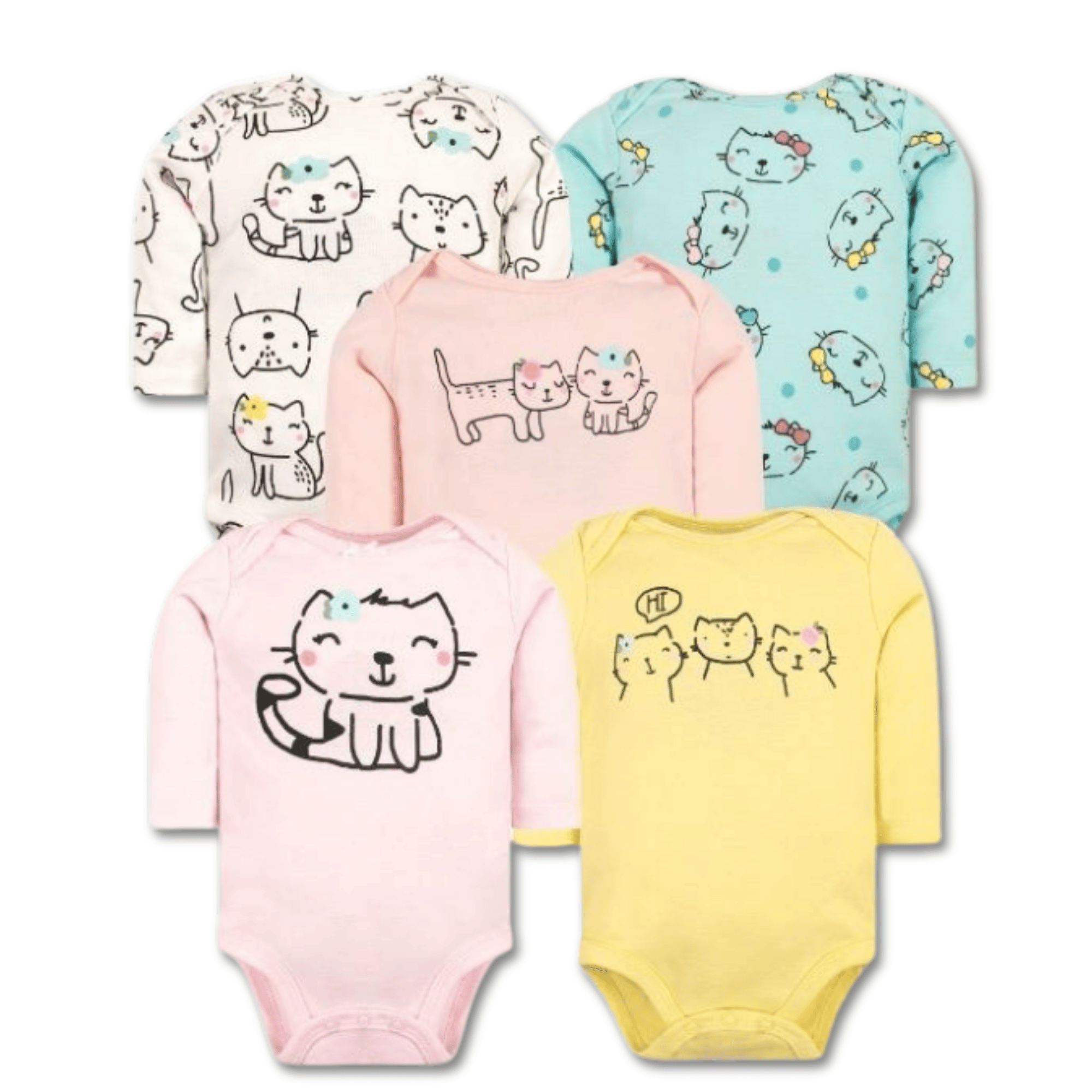 PACK 5 BODYS BEBÉ NIÑA MANGA LARGA TEDMIMAK ALGODÓN CATS BABIES - 1