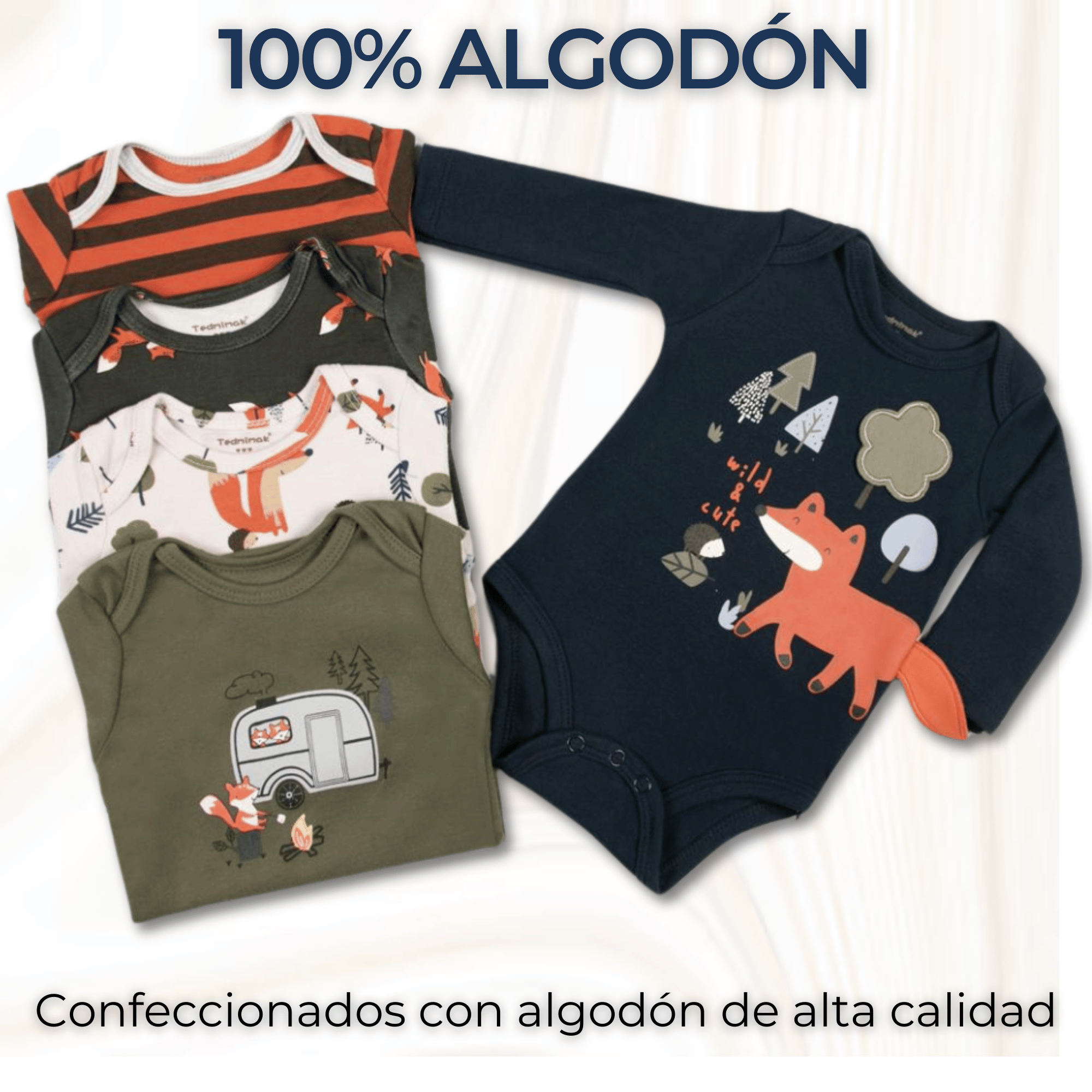 PACK 5 BODYS BEBÉ NIÑO MANGA LARGA TEDMIMAK ALGODÓN HAPPY FOX - 2