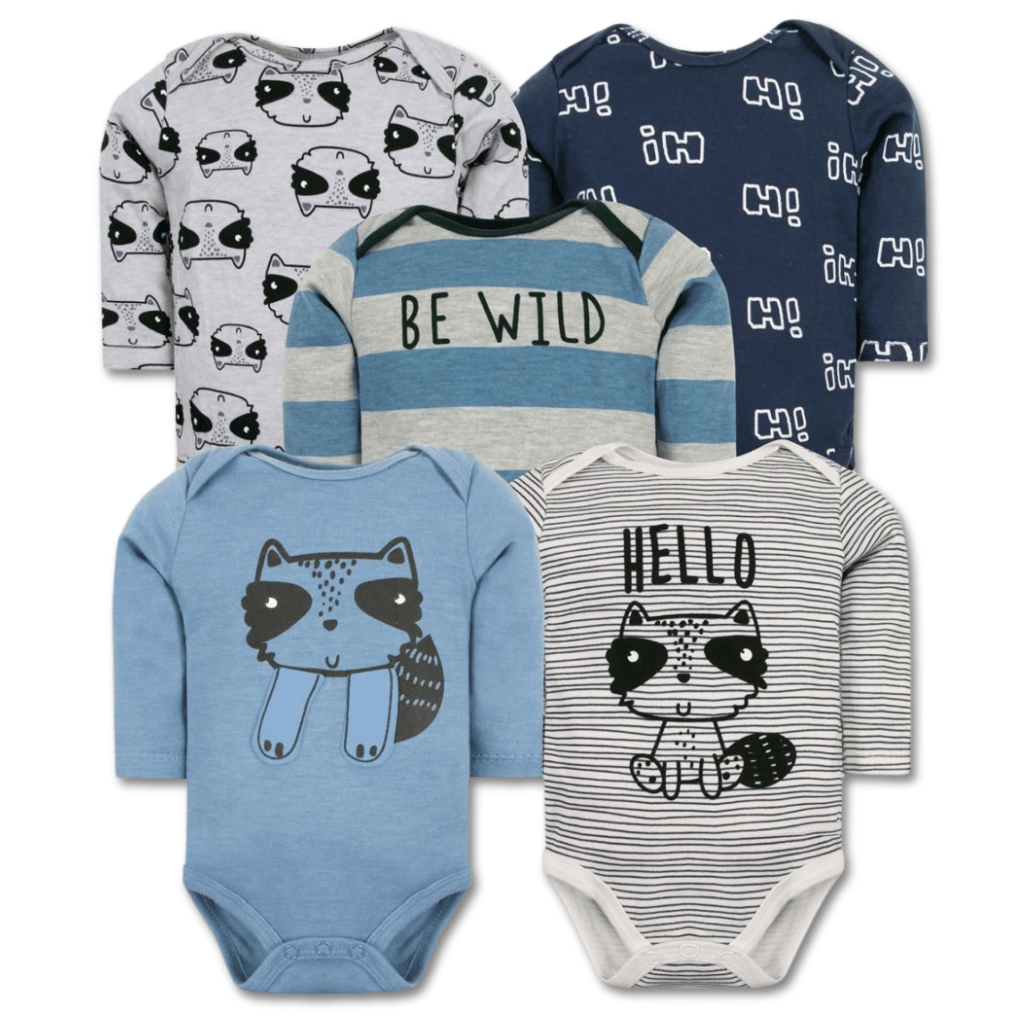 PACK 5 BODYS BEBÉ NIÑO MANGA LARGA TEDMIMAK ALGODÓN RACOON WILD - 1