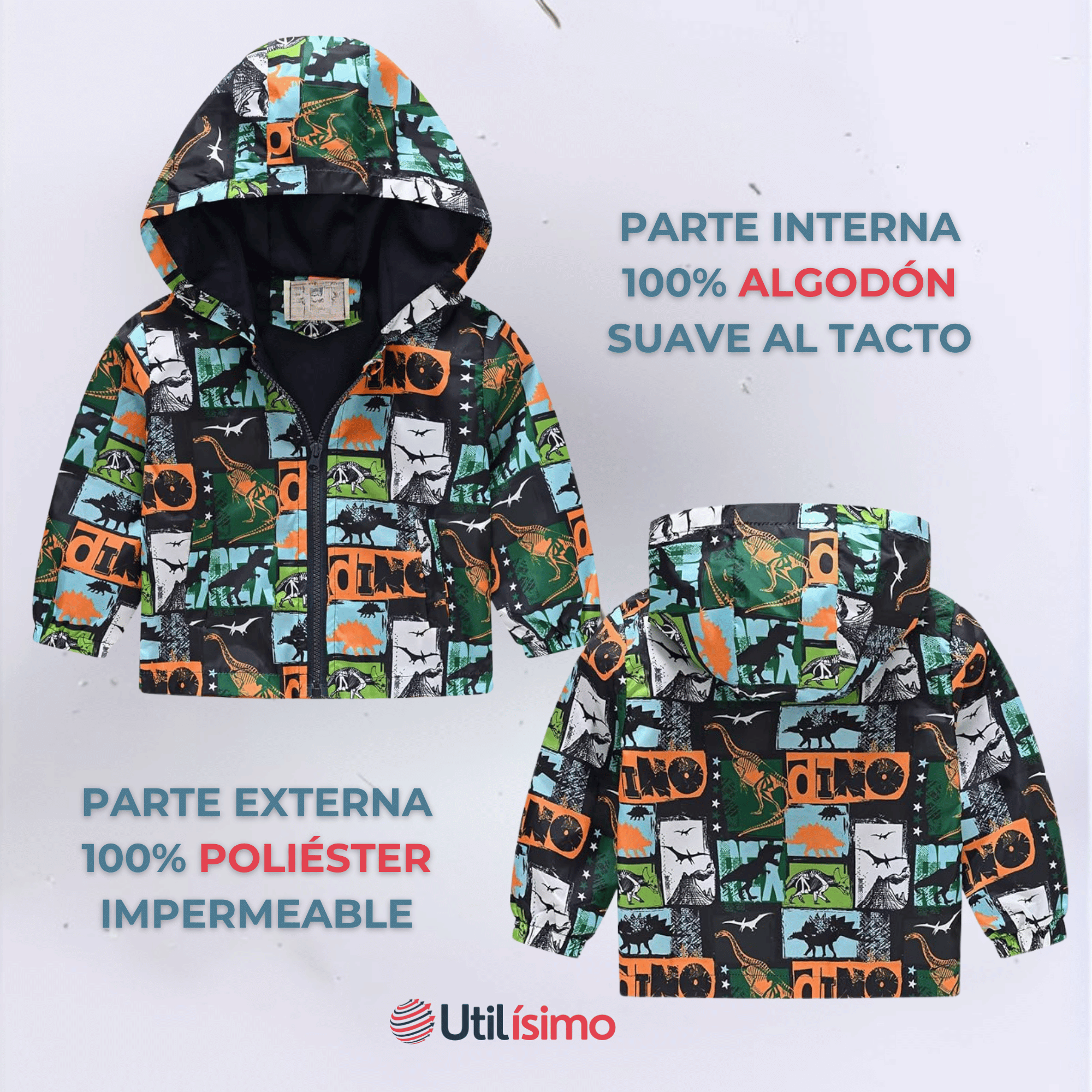 CORTAVIENTO IMPERMEABLE CHAQUETA ESTAMPADO NIÑO Y BEBÉ JUMP KIDS GREEN DINOSAUR - 2