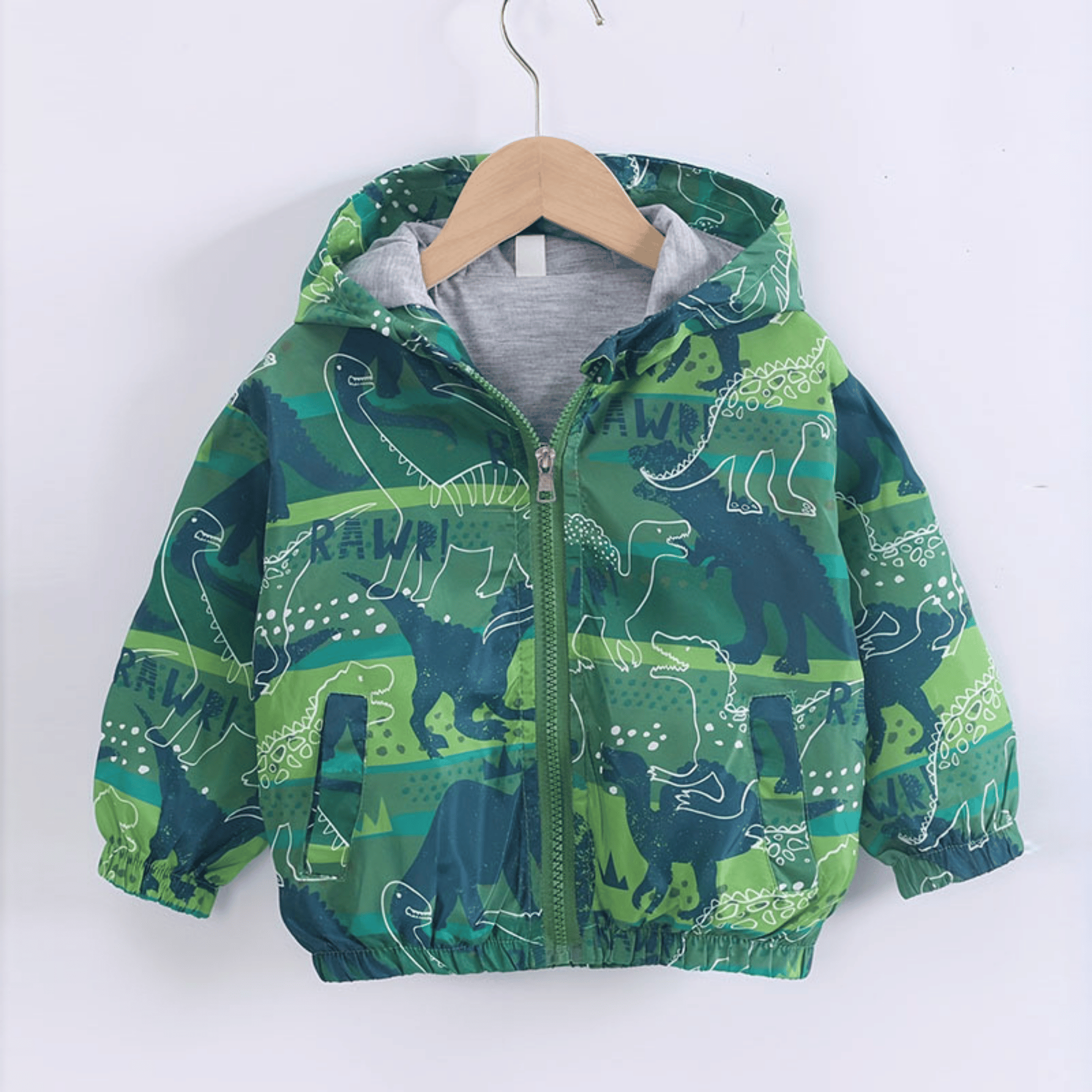 CORTAVIENTO IMPERMEABLE CHAQUETA ESTAMPADO NIÑO Y BEBÉ JUMP KIDS LIGHT GREEN DINOSAUR - 1