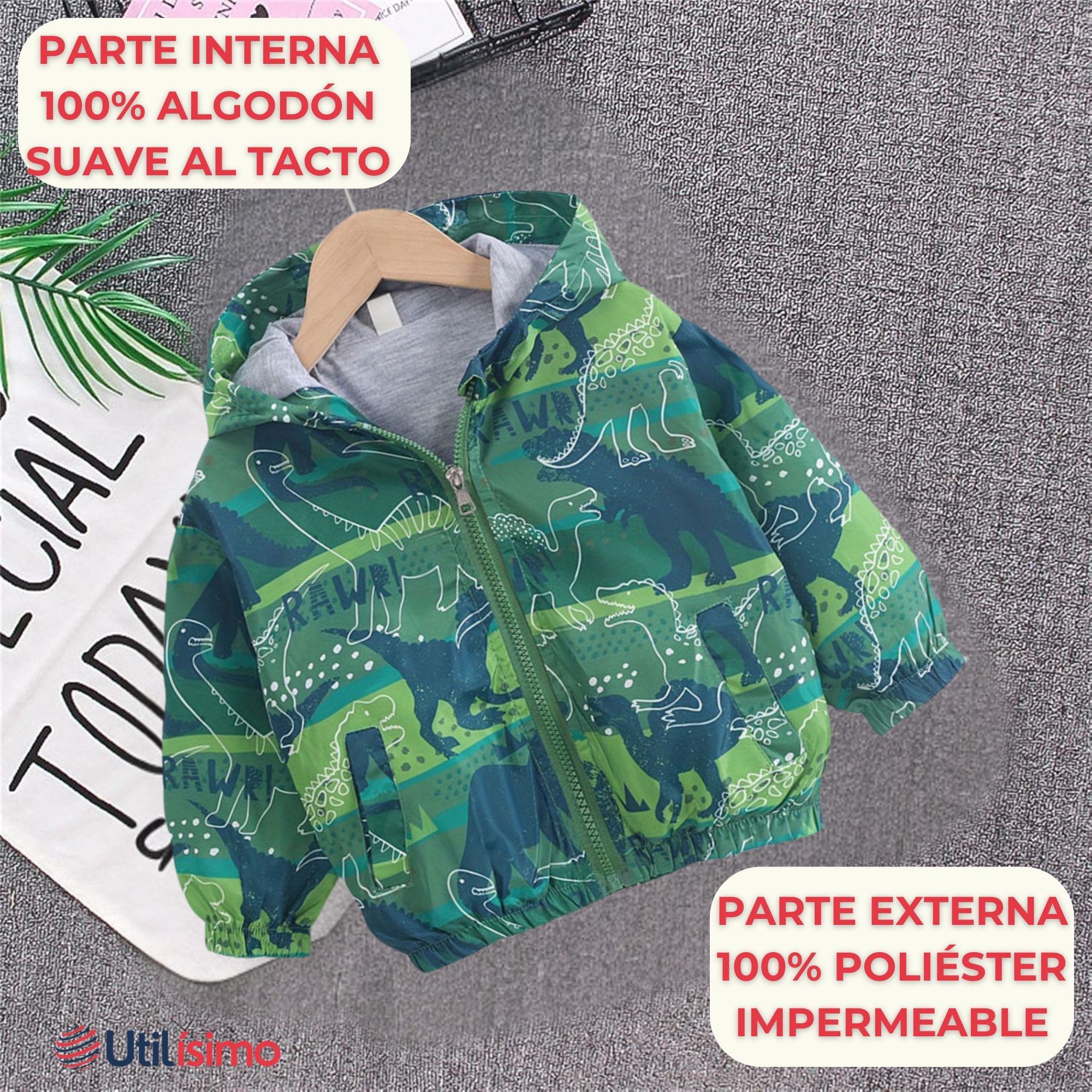 CORTAVIENTO IMPERMEABLE CHAQUETA ESTAMPADO NIÑO Y BEBÉ JUMP KIDS LIGHT GREEN DINOSAUR - 2