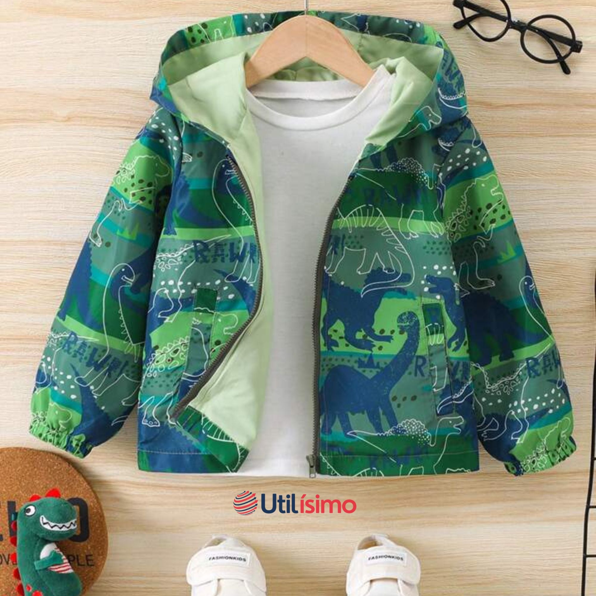 CORTAVIENTO IMPERMEABLE CHAQUETA ESTAMPADO NIÑO Y BEBÉ JUMP KIDS LIGHT GREEN DINOSAUR - 4