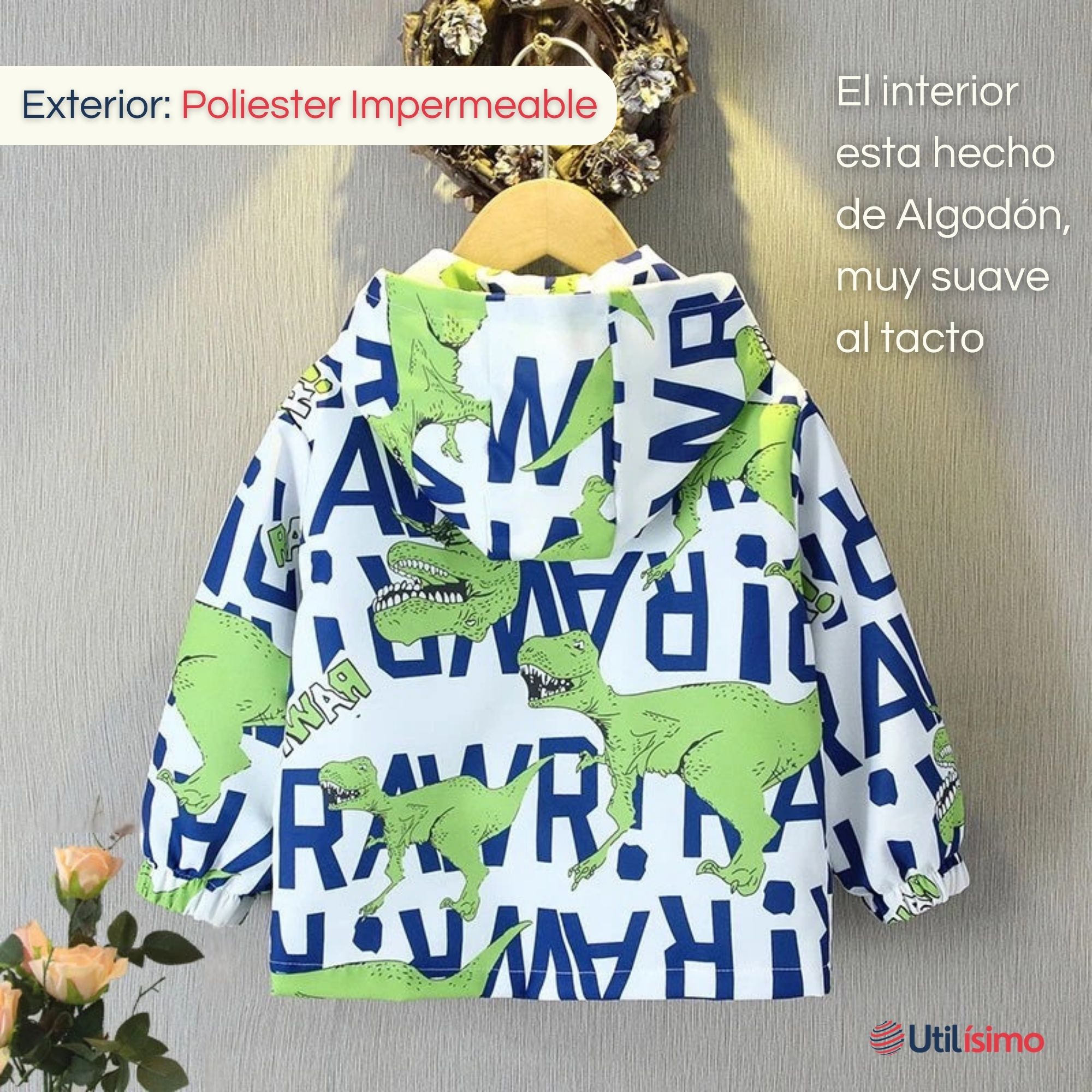 CORTAVIENTO IMPERMEABLE CHAQUETA ESTAMPADO NIÑO Y BEBÉ JUMP KIDS BLUE DINO REX - 2