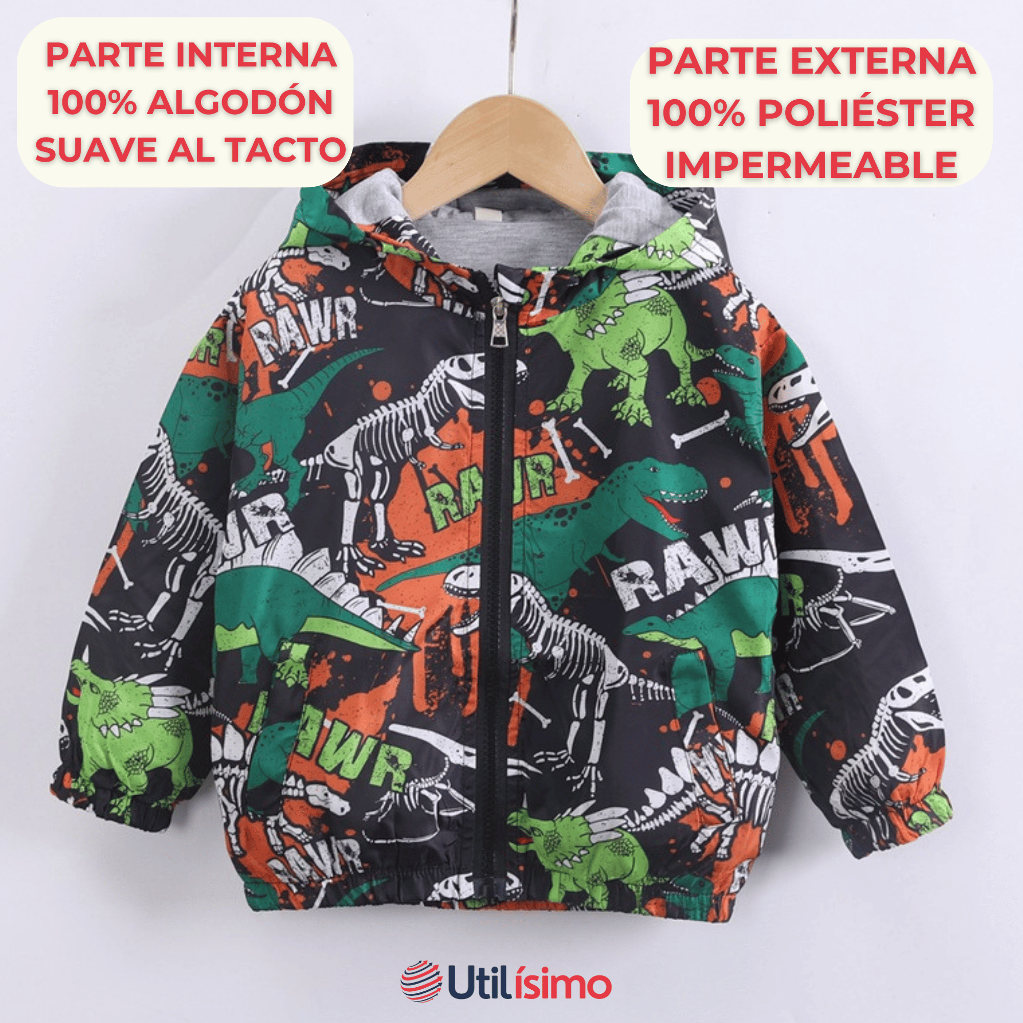 CORTAVIENTO IMPERMEABLE CHAQUETA ESTAMPADO NIÑO Y BEBÉ JUMP KIDS RAWR DINOSAUR - 2