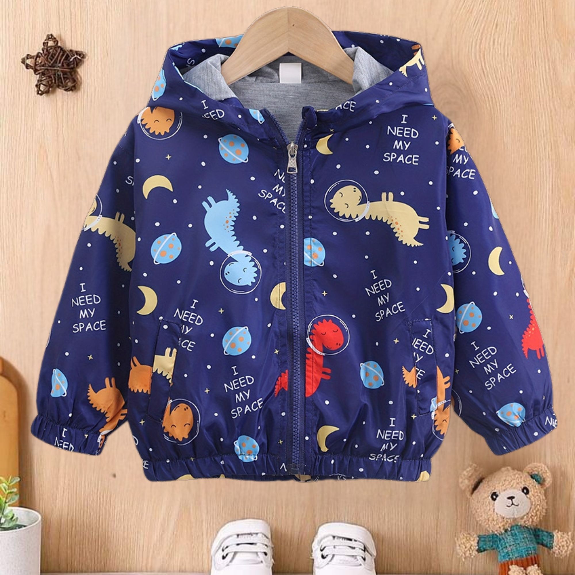 CORTAVIENTO IMPERMEABLE CHAQUETA ESTAMPADO NIÑO Y BEBÉ JUMP KIDS DARK BLUE DINOSAUR - 1