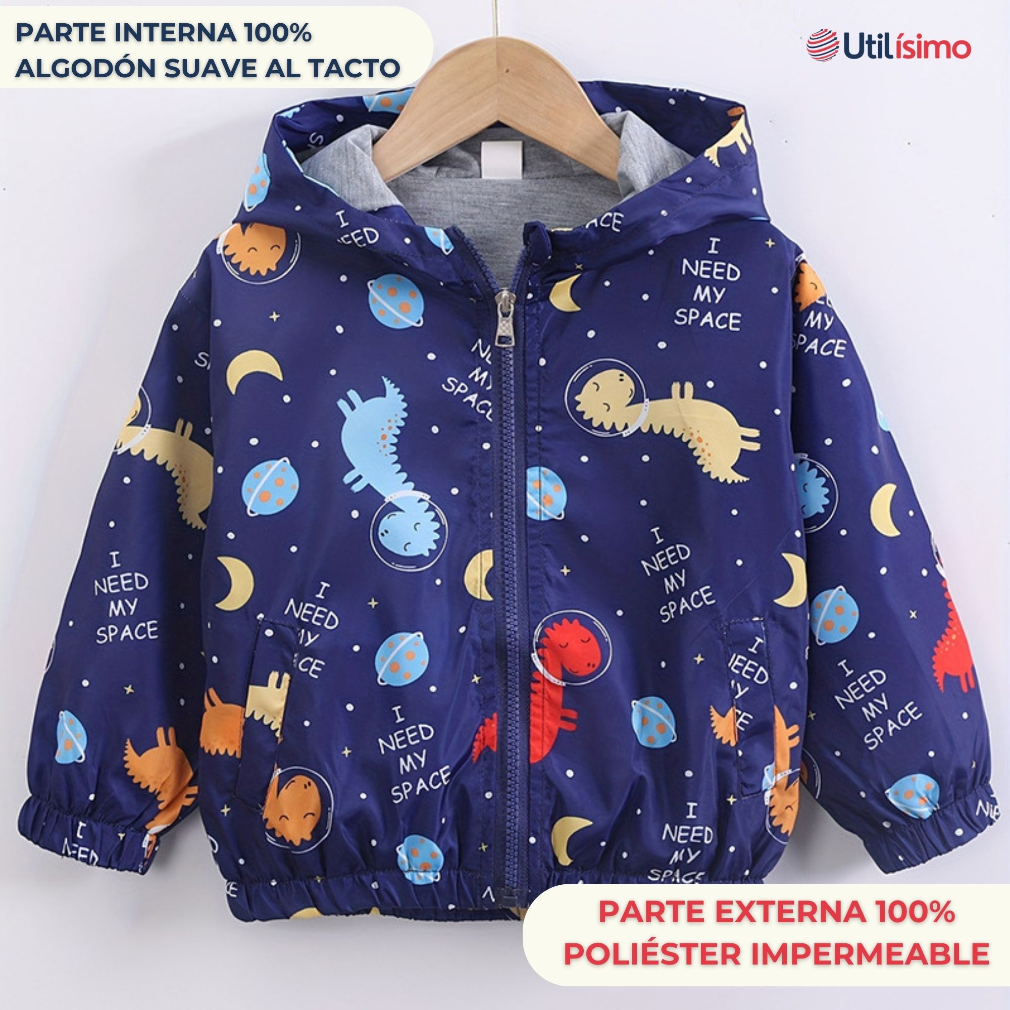 CORTAVIENTO IMPERMEABLE CHAQUETA ESTAMPADO NIÑO Y BEBÉ JUMP KIDS DARK BLUE DINOSAUR - 2