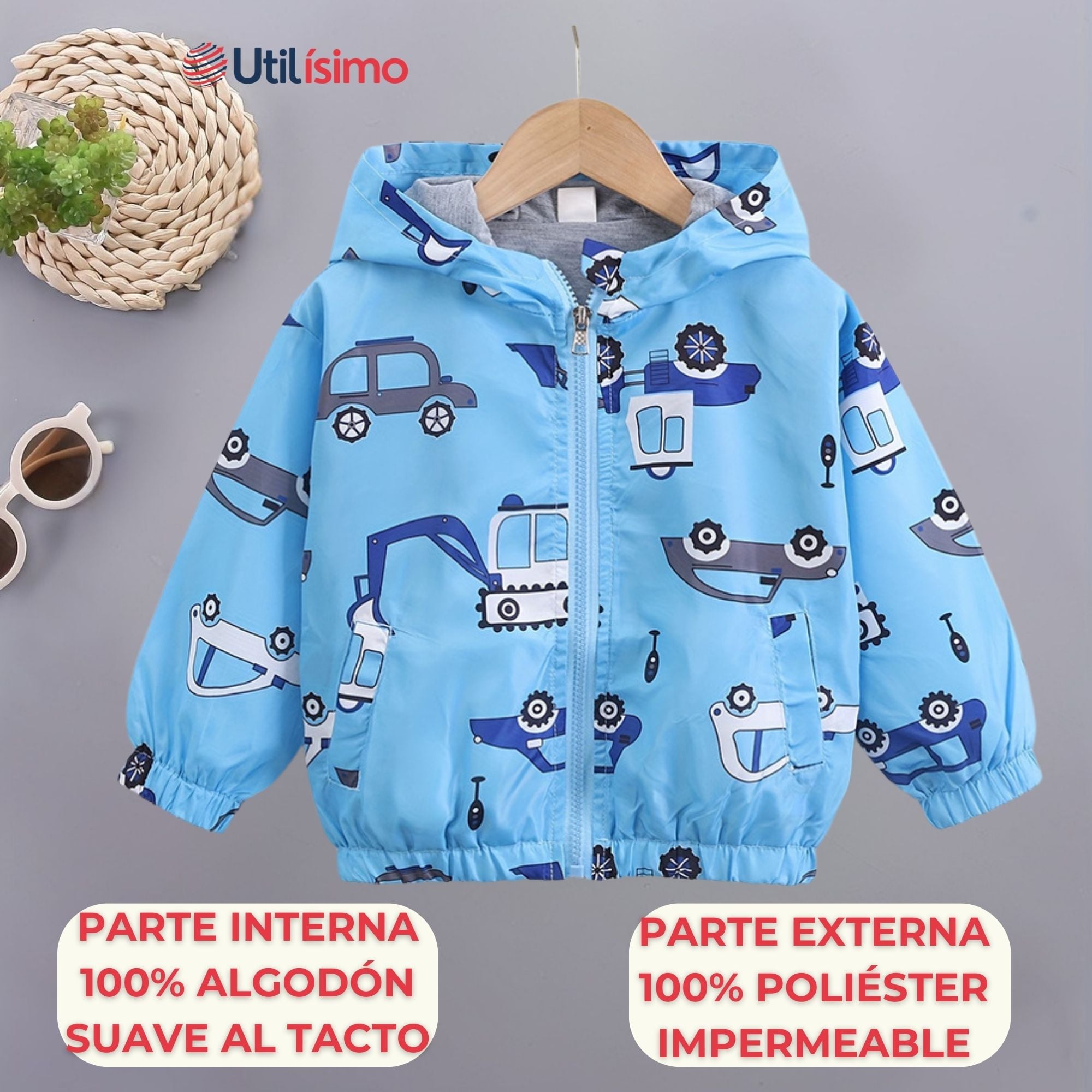 CORTAVIENTO IMPERMEABLE CHAQUETA ESTAMPADO NIÑO Y BEBÉ JUMP KIDS BLUE CARS - 2