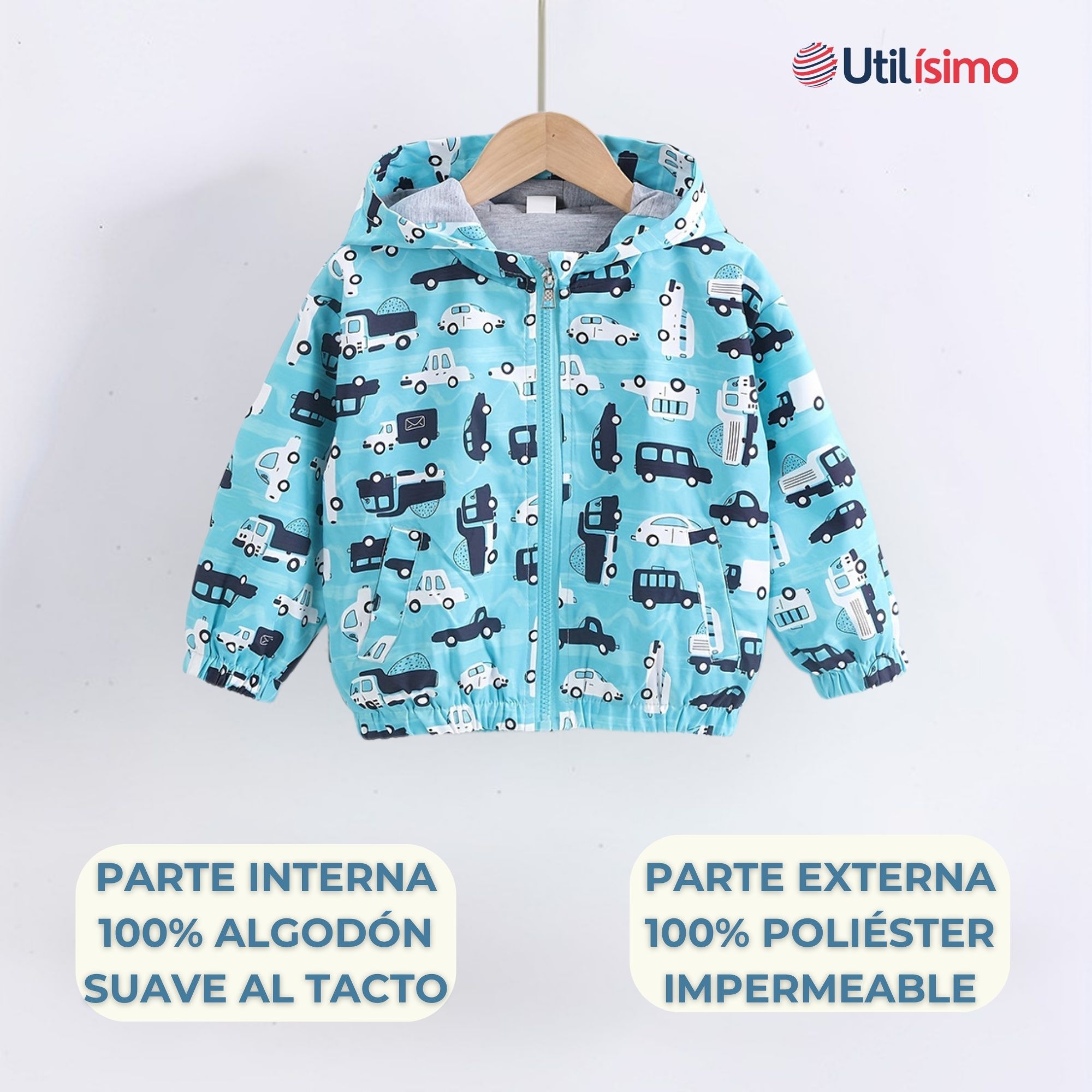 CORTAVIENTO IMPERMEABLE CHAQUETA ESTAMPADO NIÑO Y BEBÉ JUMP KIDS TURQUOISE CARS - 3