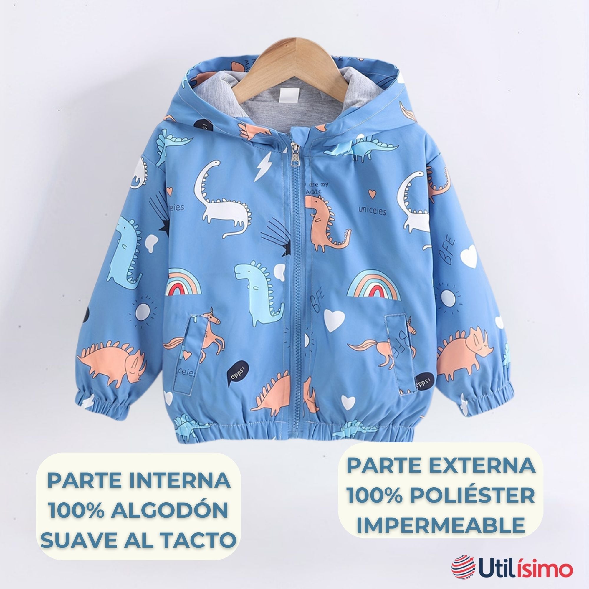 CORTAVIENTO IMPERMEABLE CHAQUETA ESTAMPADO NIÑO Y BEBÉ JUMP KIDS SKY BLUE DINOSAURS - 2
