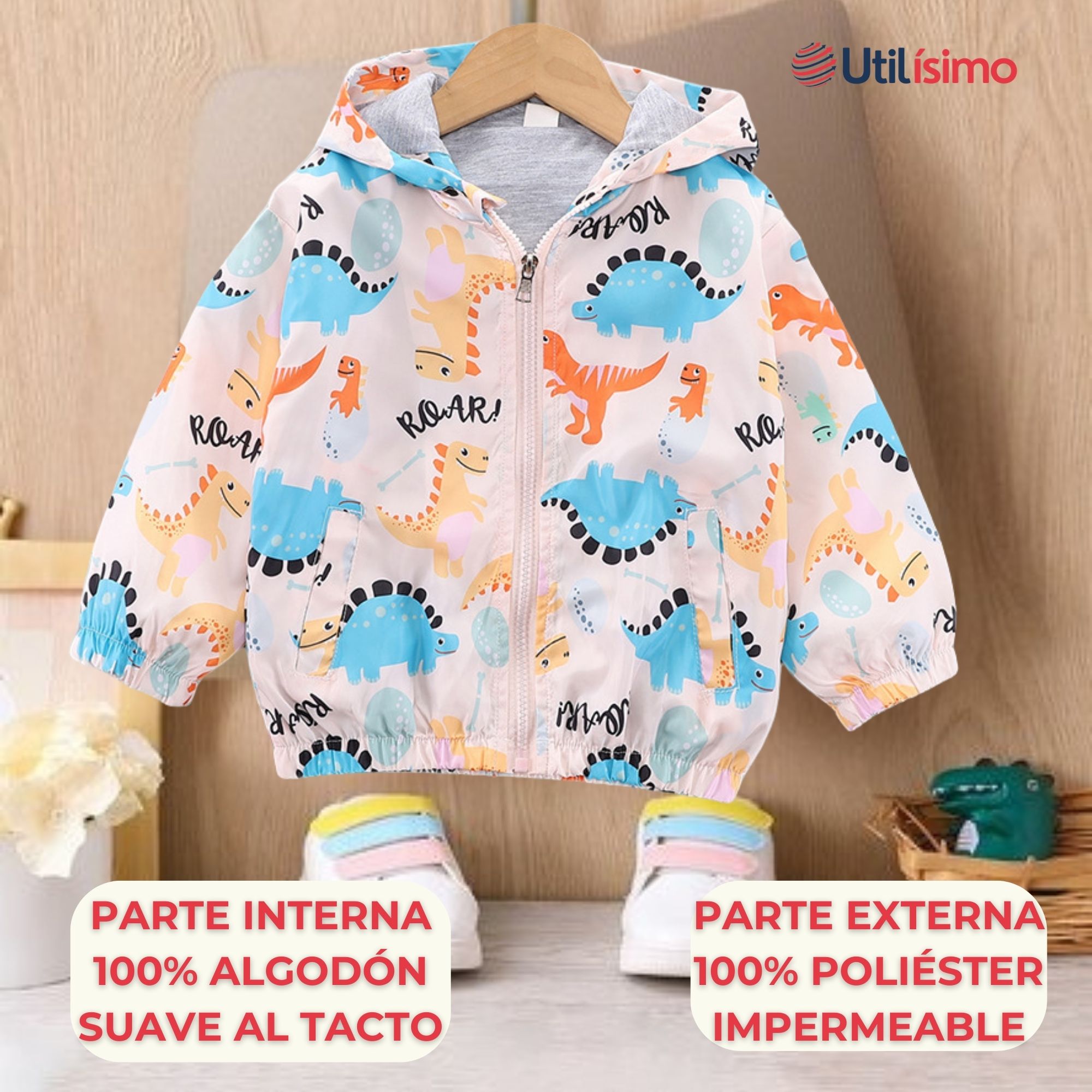 CORTAVIENTO IMPERMEABLE CHAQUETA ESTAMPADO NIÑO Y BEBÉ JUMP KIDS FLESH COLORED DINOSAURS - 2