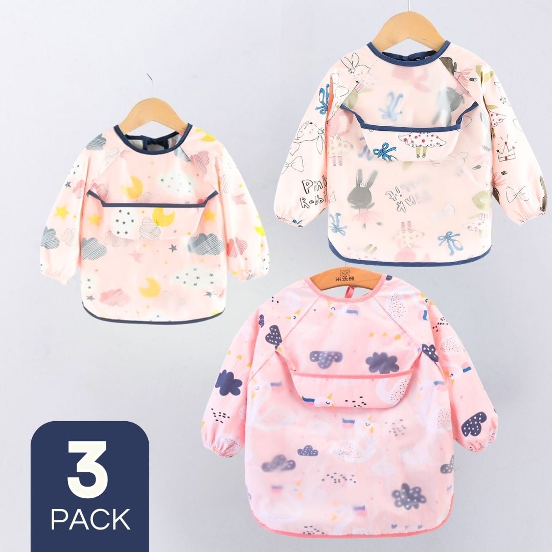 PACK 3 BABERO DELANTAL IMPERMEABLE PREMIUM CON MANGAS LARGA TALLA 2 A 3 AÑOS PARA BEBE Y NIÑA - 1