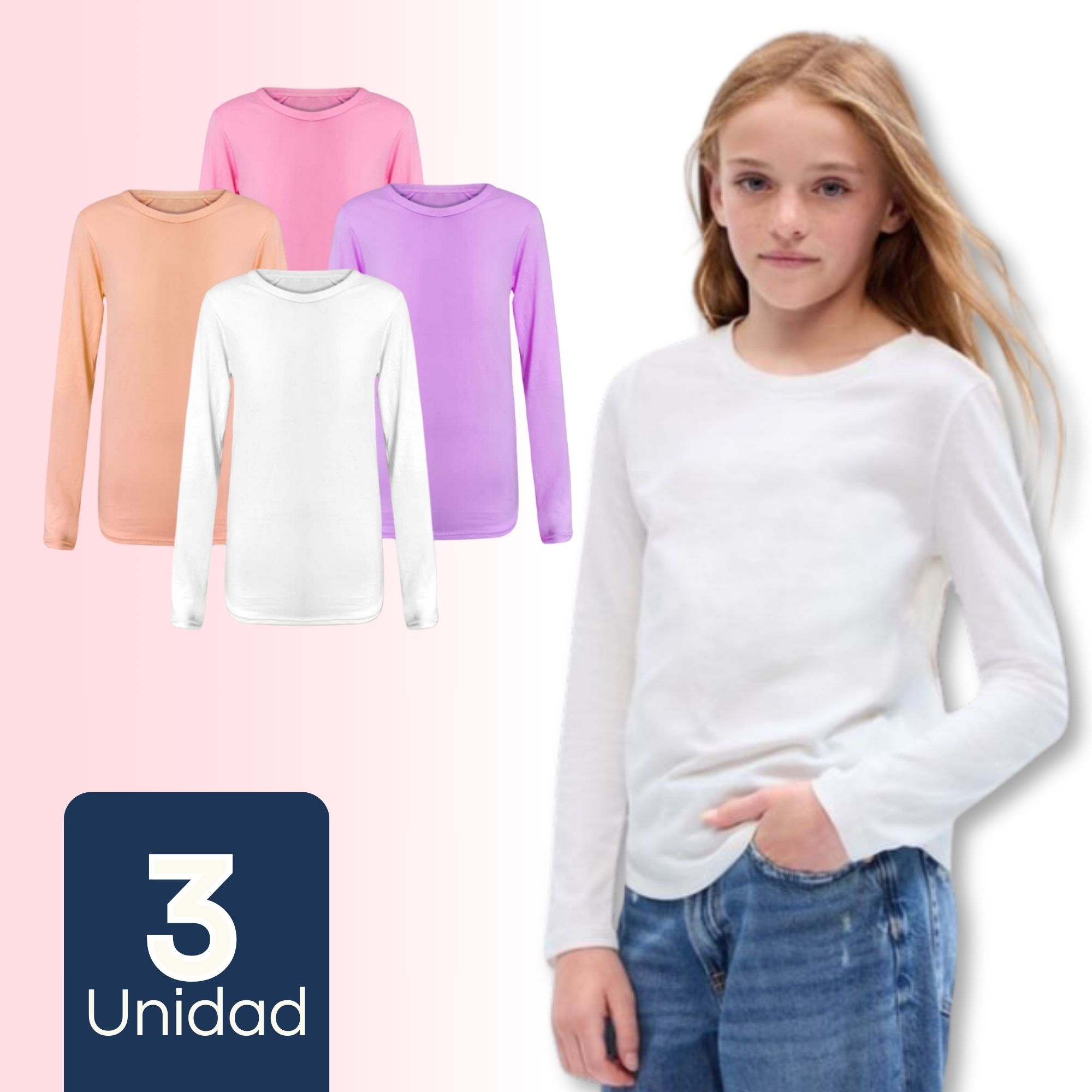 PACK 3 CAMISETAS PRIMERA CAPA POLERAS NIÑA BAMBÚ MANGA LARGA SURTIDO - 1