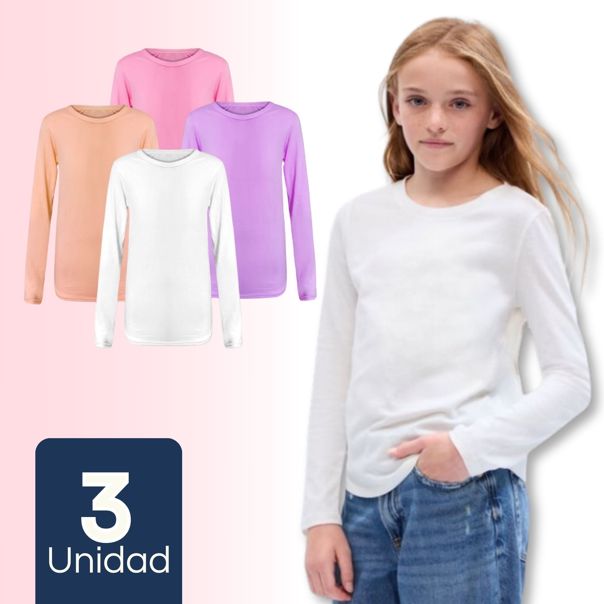 PACK 3 CAMISETAS PRIMERA CAPA POLERAS NIÑA BAMBÚ MANGA LARGA SURTIDO - 1