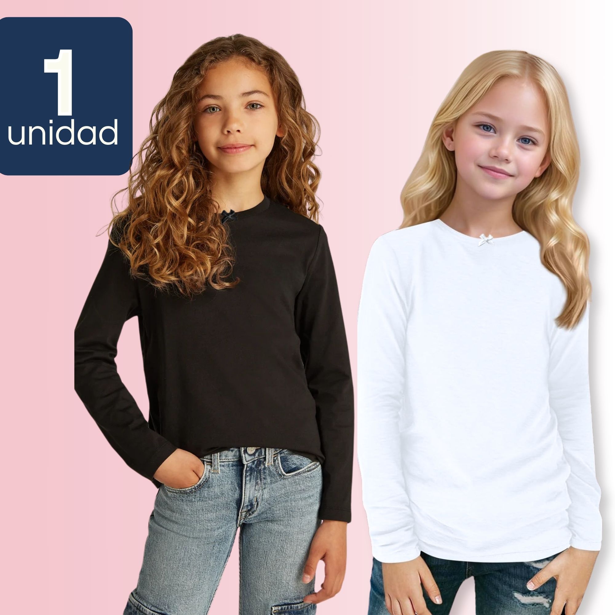CAMISETA ALGODÓN MANGA LARGA POLERA NIÑA PRIMERA CAPA CUELLO REDONDO BLANCO NEGRA - 1