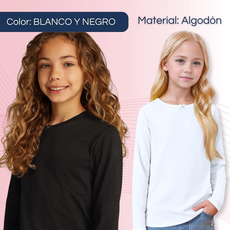 CAMISETA ALGODÓN MANGA LARGA POLERA NIÑA PRIMERA CAPA CUELLO REDONDO BLANCO NEGRA - 2
