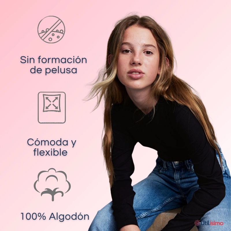 CAMISETA ALGODÓN MANGA LARGA POLERA NIÑA PRIMERA CAPA CUELLO REDONDO BLANCO NEGRA - 5