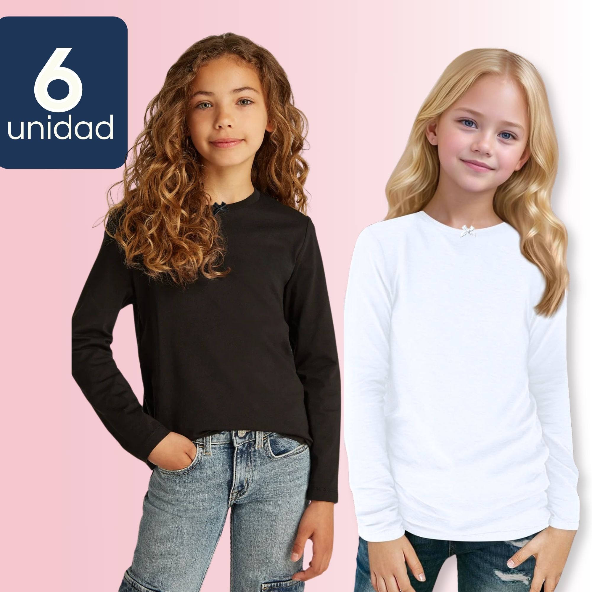 PACK 6 CAMISETAS ALGODÓN MANGA LARGA POLERA NIÑA PRIMERA CAPA CUELLO REDONDO BLANCO NEGRA - 1