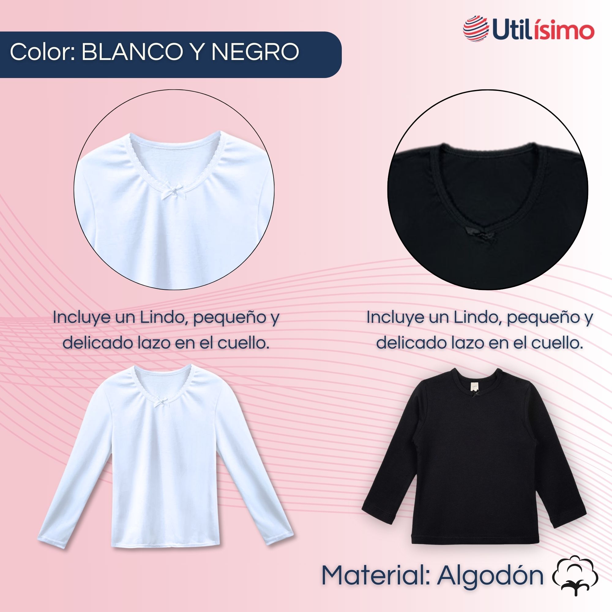 CAMISETA ALGODÓN MANGA LARGA POLERA NIÑA PRIMERA CAPA CUELLO REDONDO BLANCO NEGRA - 4