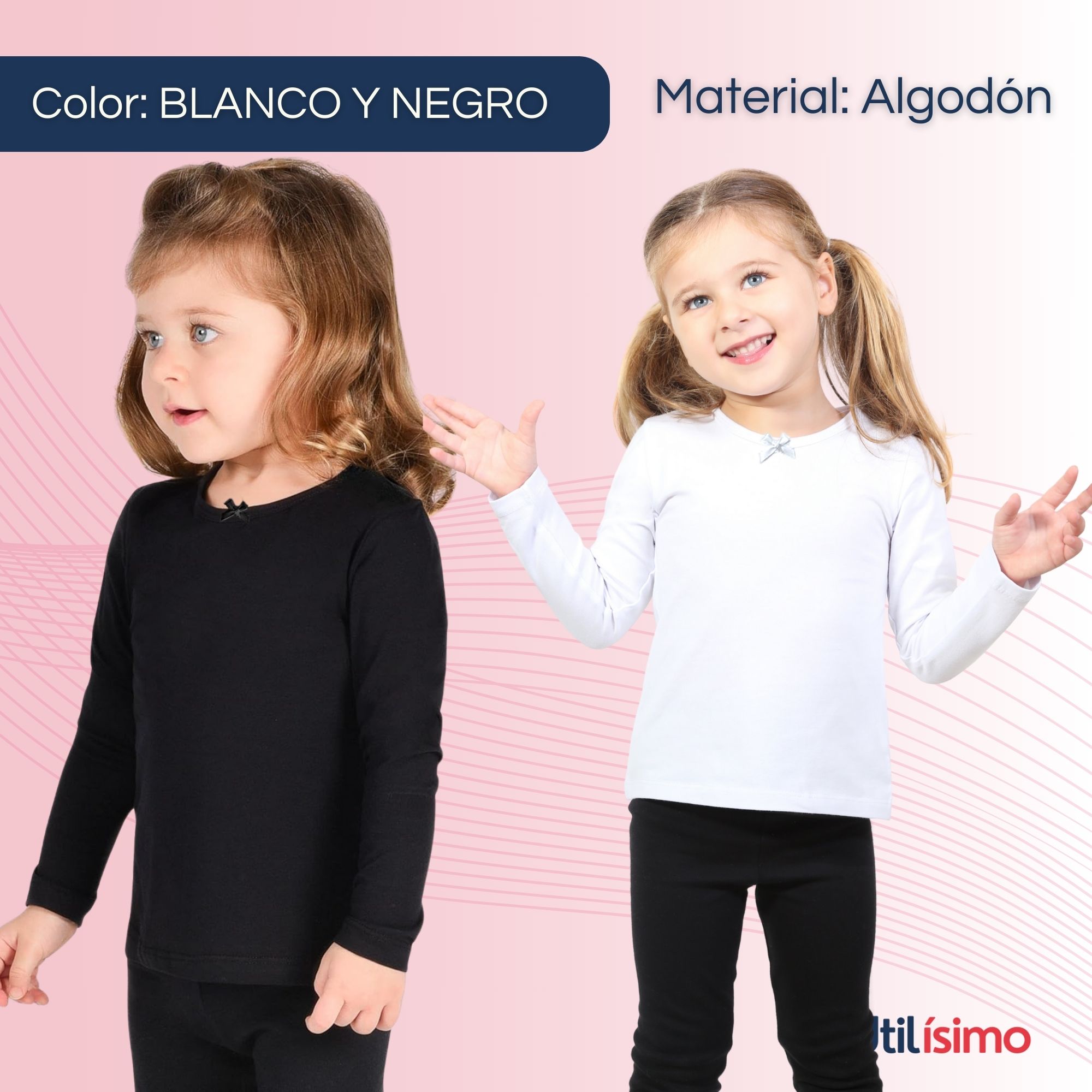 PACK 6 CAMISETAS ALGODÓN MANGA LARGA POLERAS NIÑA PRIMERA CAPA CUELLO REDONDO BLANCO NEGRA - 2