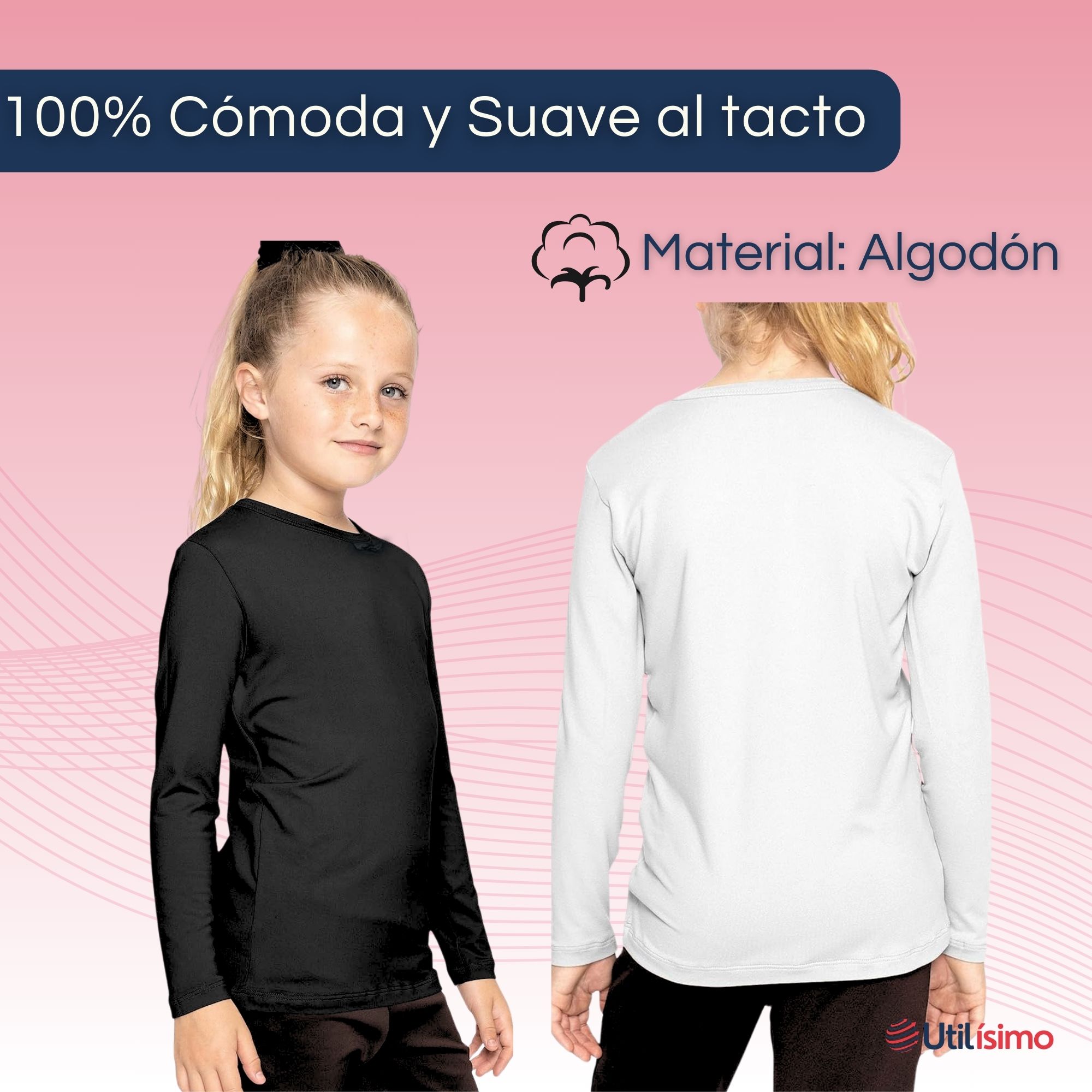 PACK 6 CAMISETAS ALGODÓN MANGA LARGA POLERAS NIÑA PRIMERA CAPA CUELLO REDONDO BLANCO NEGRA - 5